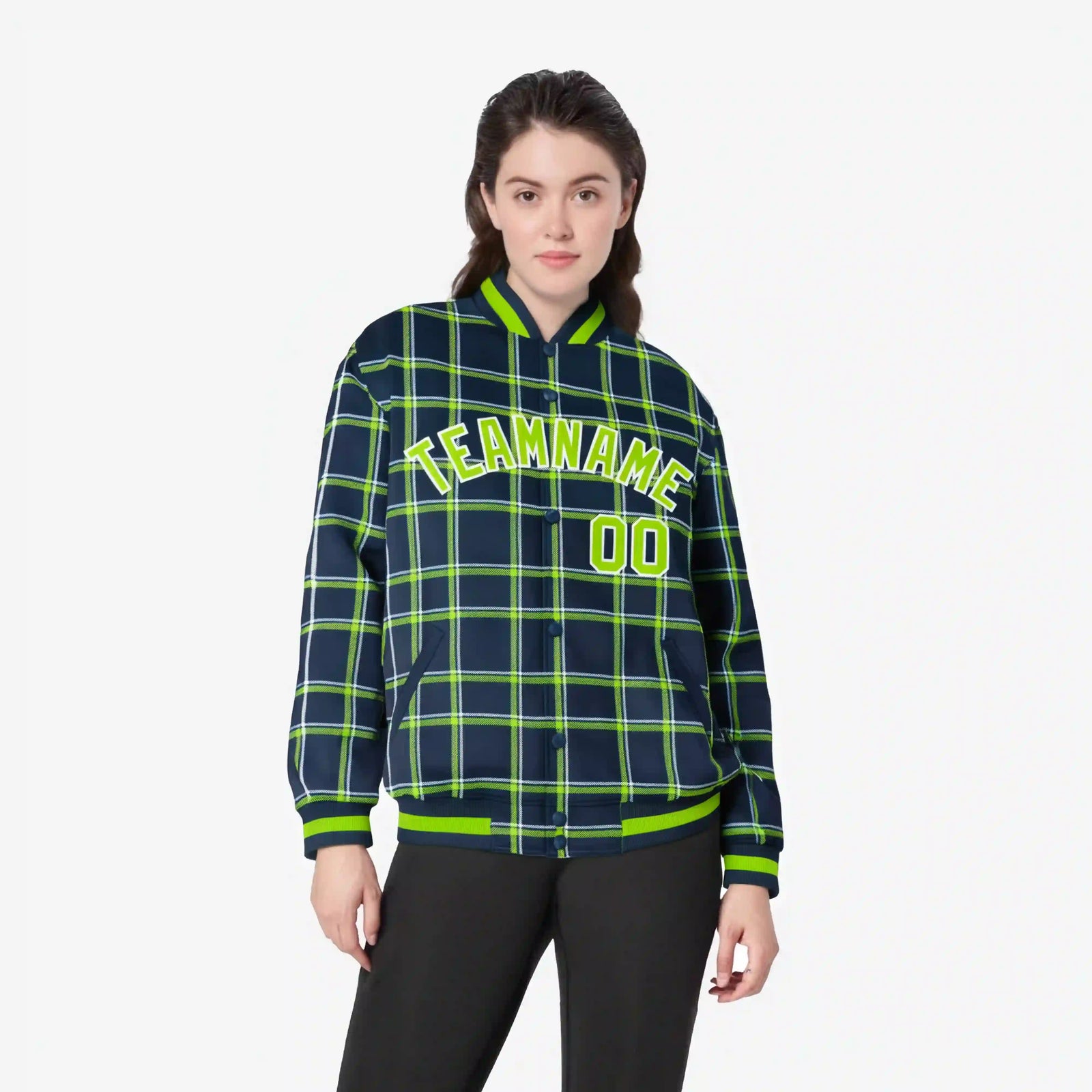 Custom Navy-Kelly Green Varsity Full-Snap Plaid Pattern Letterman Baseball Jacket