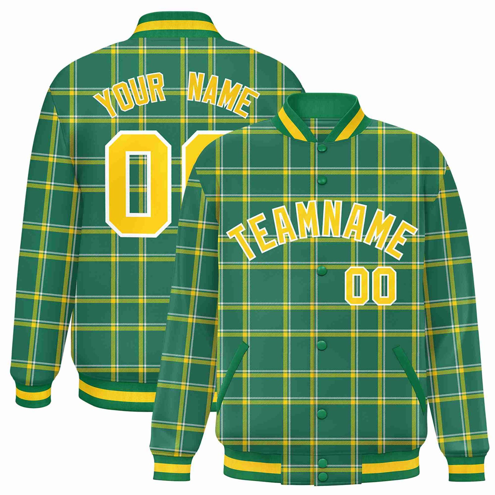 Custom Kelly Green-Gold Varsity Full-Snap Plaid Pattern Letterman Baseball Jacket