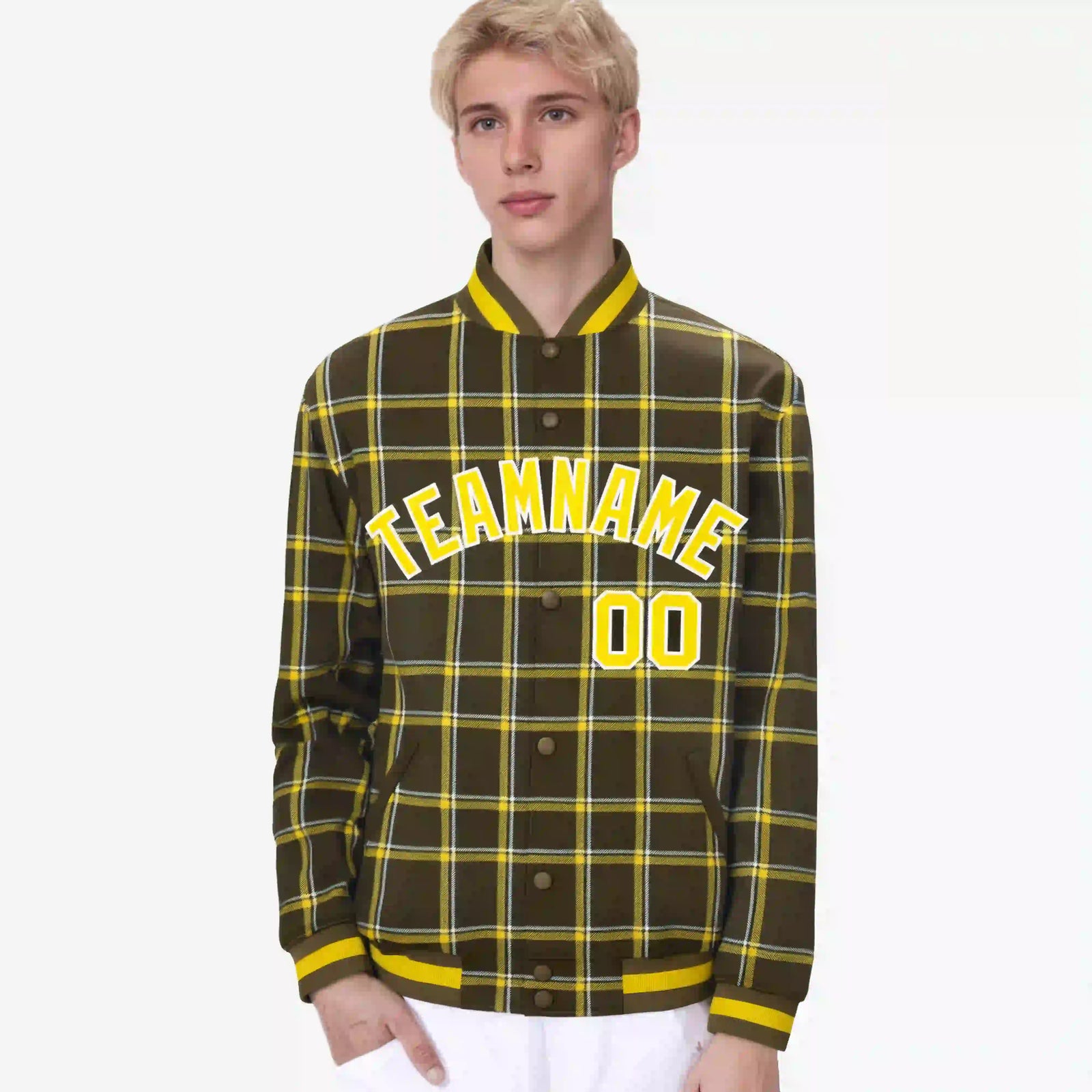 Custom Light Brown-Gold Varsity Full-Snap Plaid Pattern Letterman Baseball Jacket