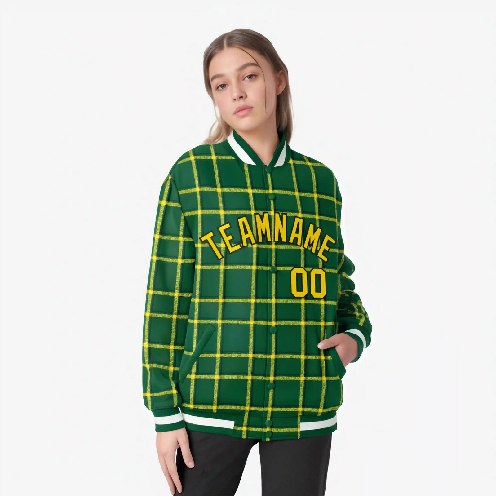 Custom Green-Gold Varsity Full-Snap Plaid Pattern Letterman Baseball Jacket