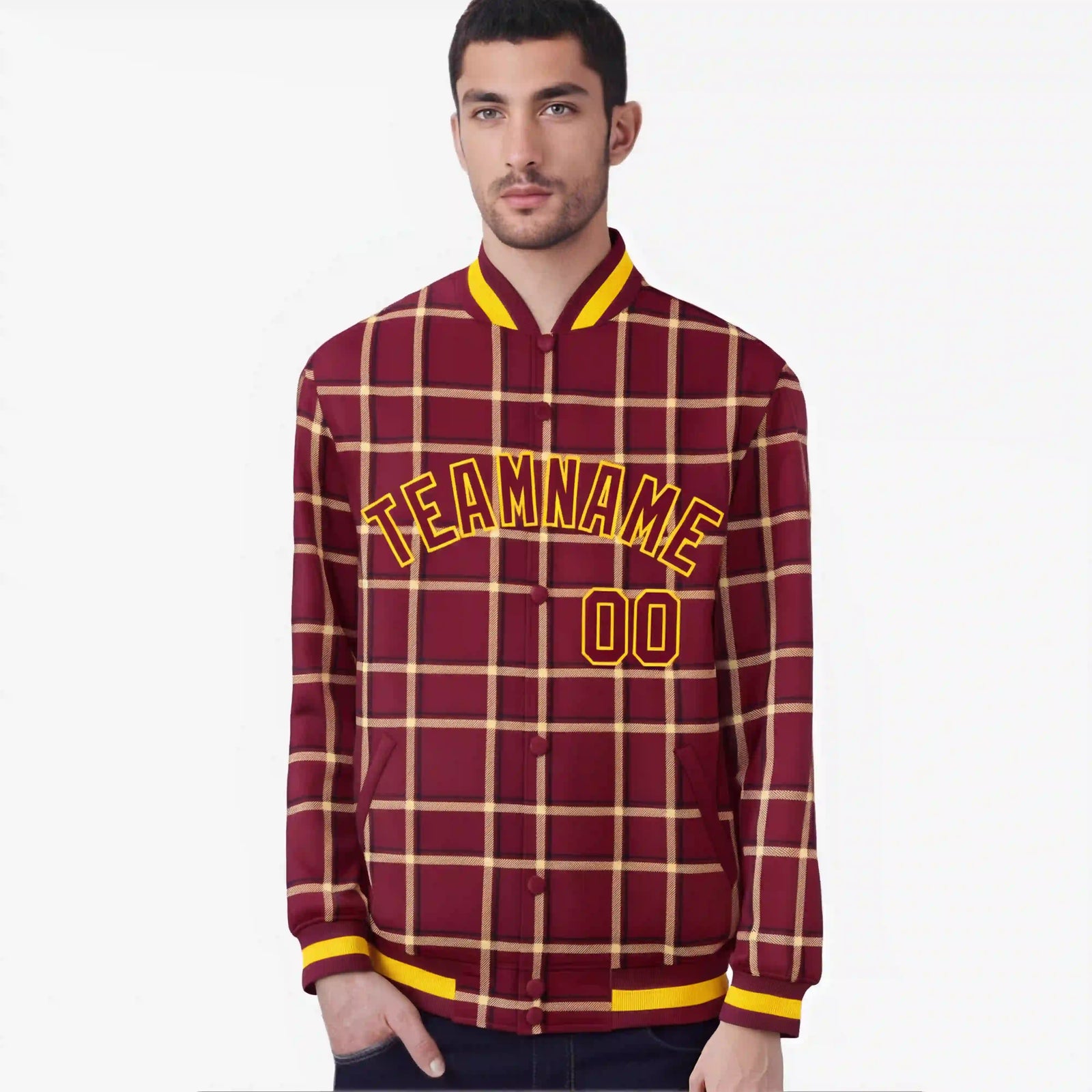 Custom Crimson-Gold Varsity Full-Snap Plaid Pattern Letterman Baseball Jacket