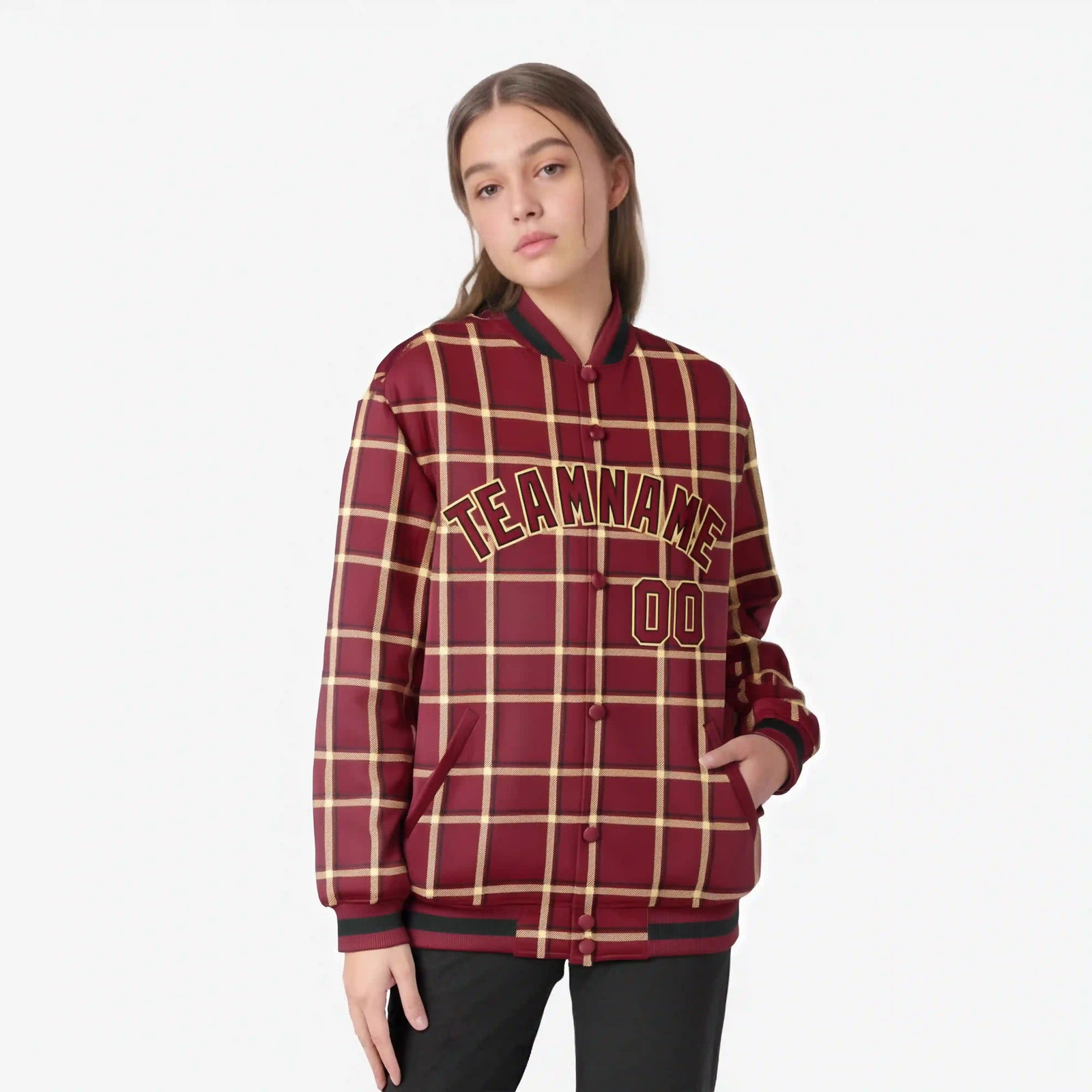 Custom Crimson-Gold Varsity Full-Snap Plaid Pattern Letterman Baseball Jacket