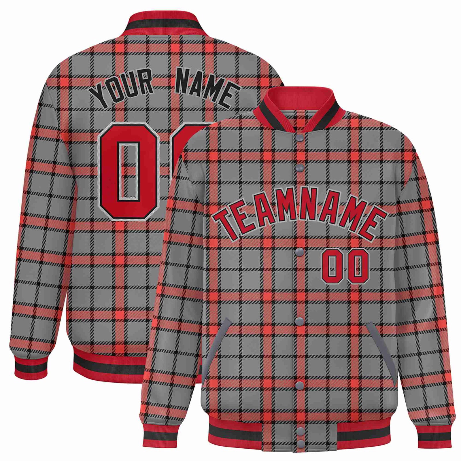 Custom Gray-Red Varsity Full-Snap Plaid Pattern Letterman Baseball Jacket