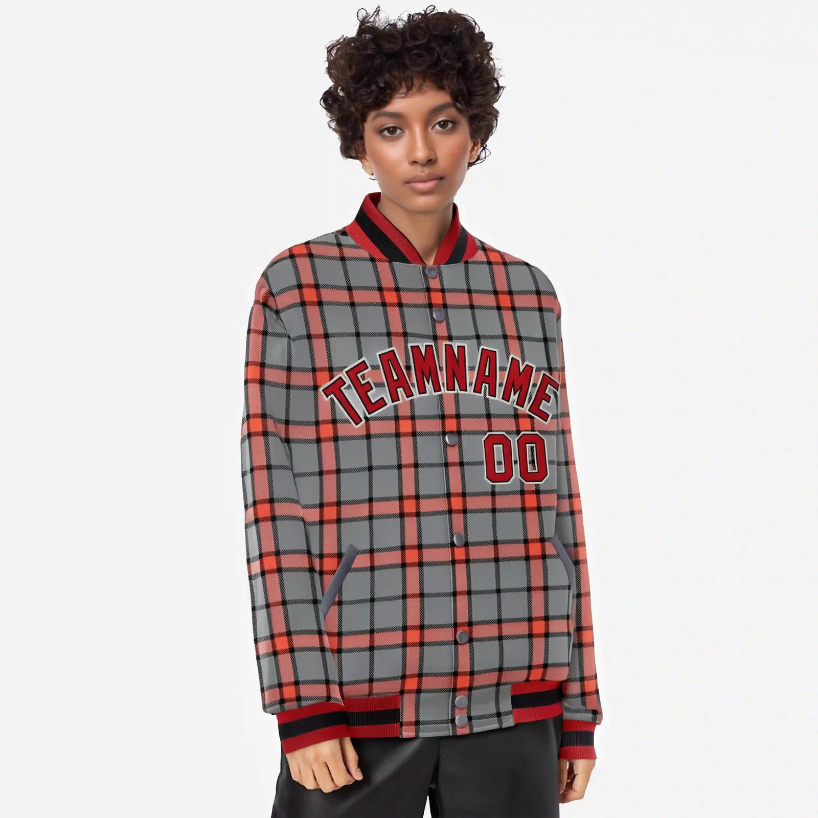 Custom Gray-Red Varsity Full-Snap Plaid Pattern Letterman Baseball Jacket