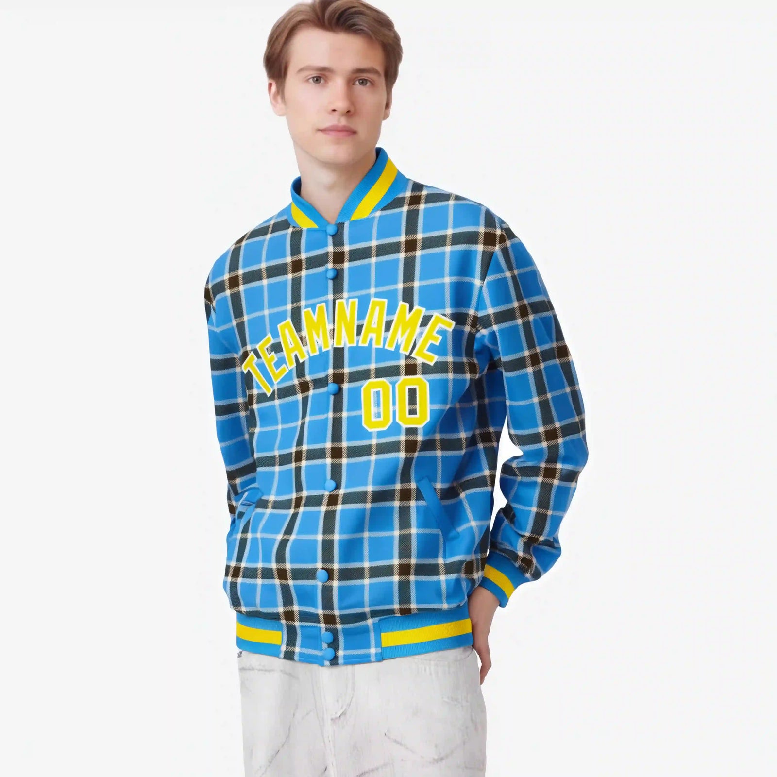 Custom Powder Blue-Dark Gray Varsity Full-Snap Plaid Pattern Letterman Baseball Jacket