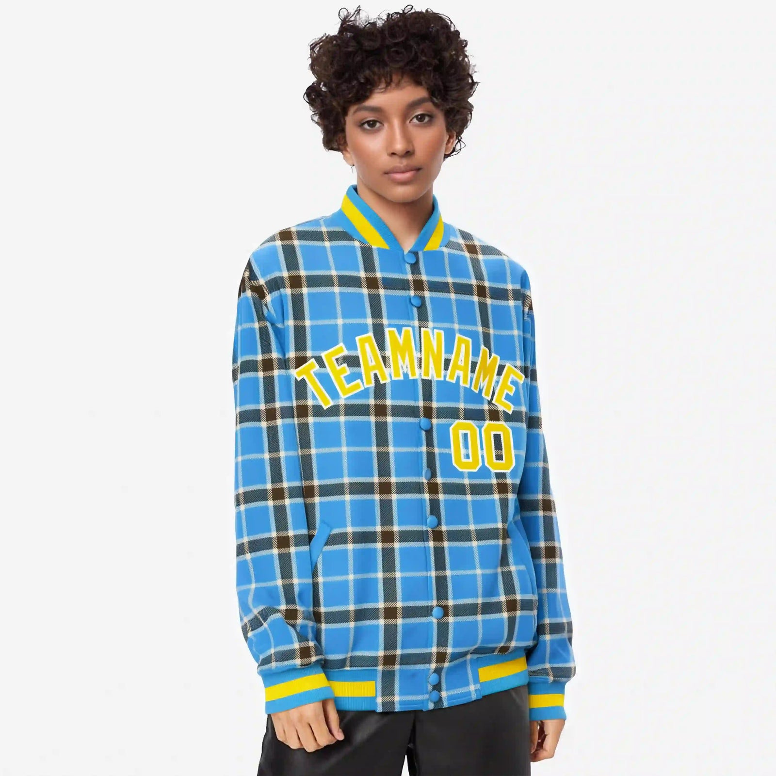 Custom Powder Blue-Dark Gray Varsity Full-Snap Plaid Pattern Letterman Baseball Jacket