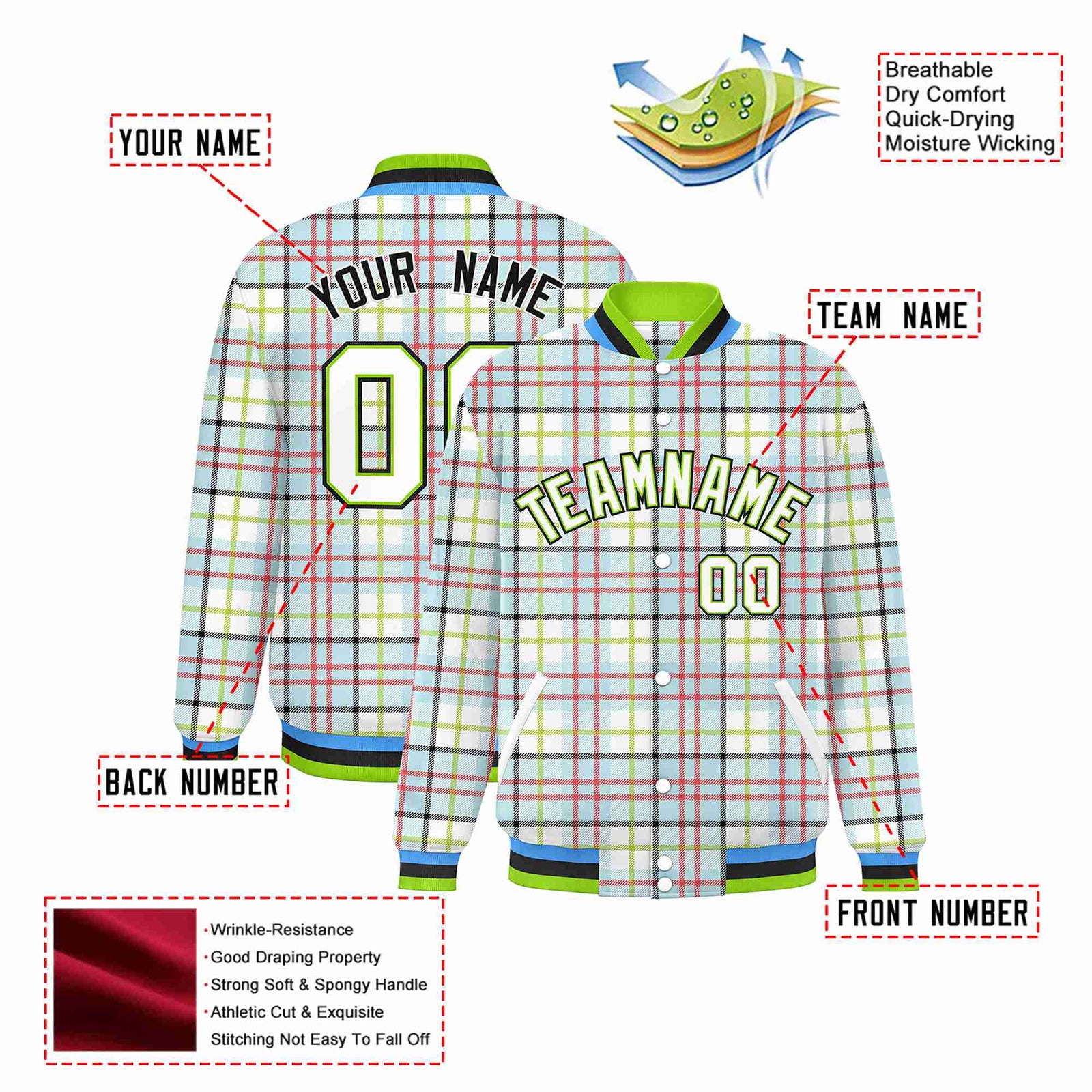 Custom Cream Neon Green-Red Varsity Full-Snap Plaid Pattern Letterman Baseball Jacket