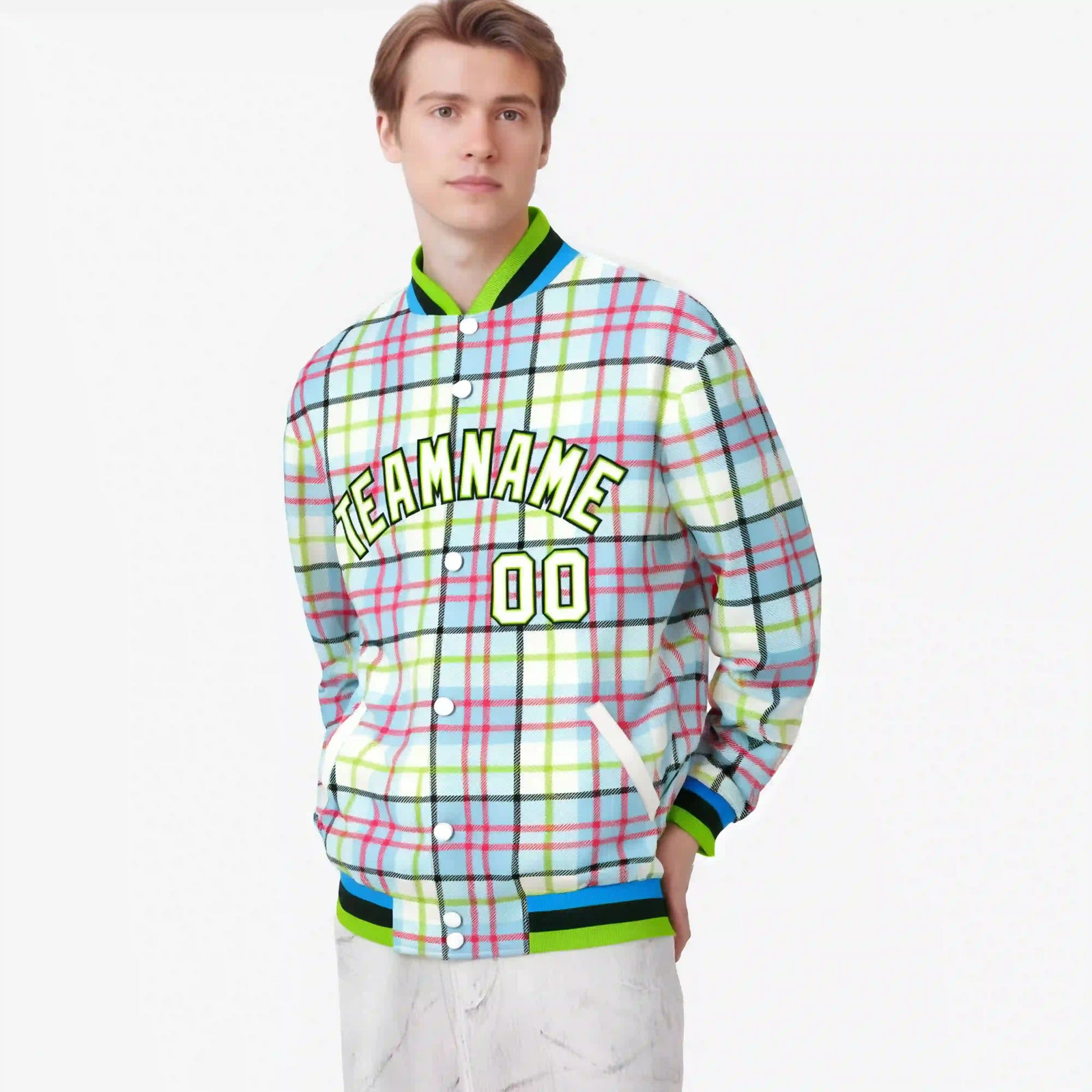 Custom Cream Neon Green-Red Varsity Full-Snap Plaid Pattern Letterman Baseball Jacket