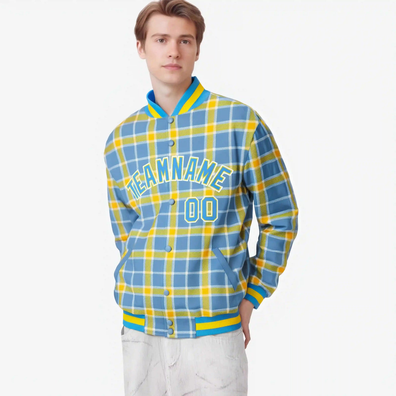 Custom Light Brown-Gold Varsity Full-Snap Plaid Pattern Letterman Baseball Jacket