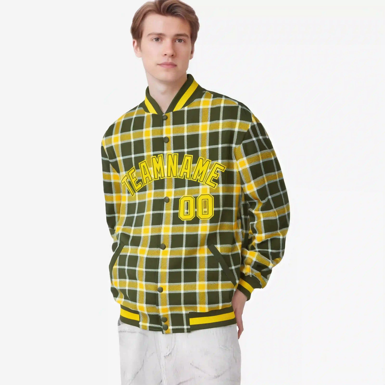 Custom Dark Gray-Gold Varsity Full-Snap Plaid Pattern Letterman Baseball Jacket