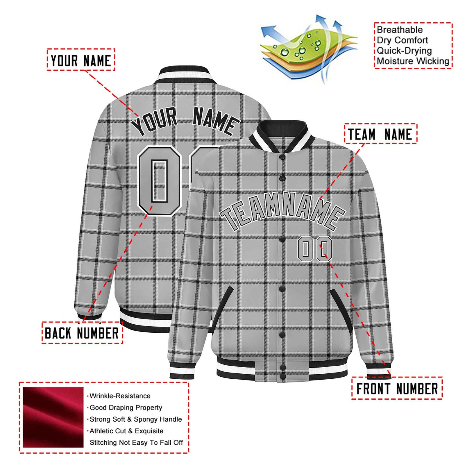 Custom Gray-Dark Gray Varsity Full-Snap Plaid Pattern Letterman Baseball Jacket