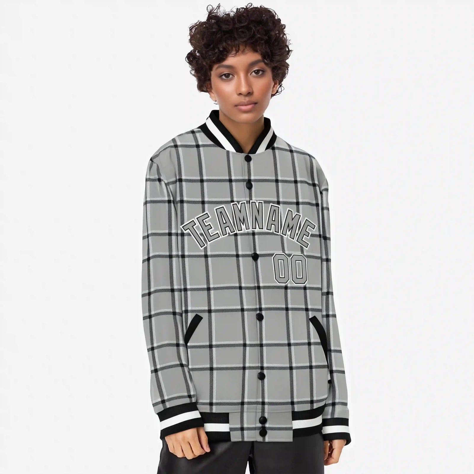 Custom Gray-Dark Gray Varsity Full-Snap Plaid Pattern Letterman Baseball Jacket