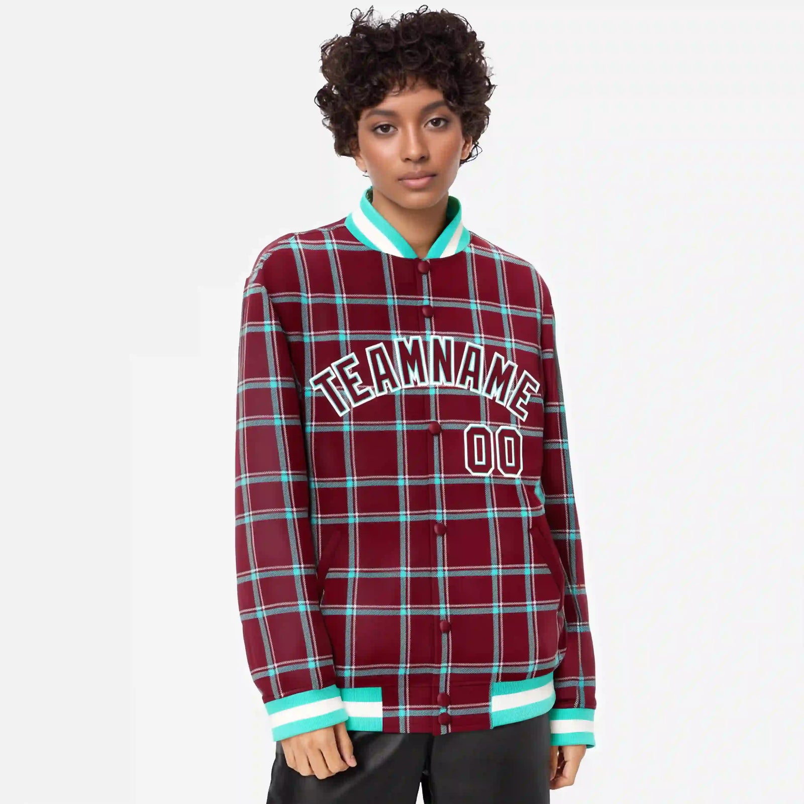 Custom Crimson-Aqua Varsity Full-Snap Plaid Pattern Letterman Baseball Jacket