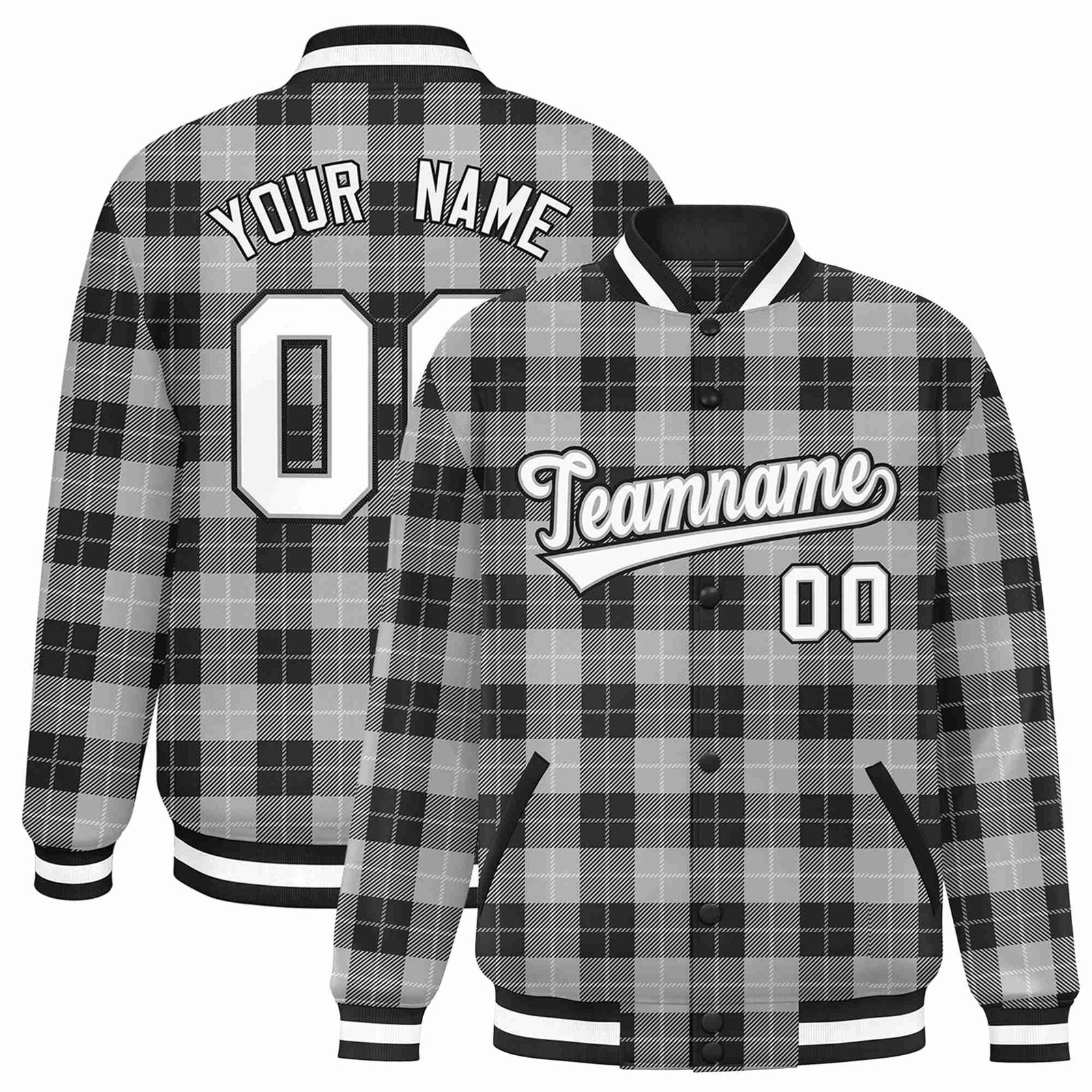 Custom Gray-Black Varsity Full-Snap Plaid Pattern Letterman Baseball Jacket