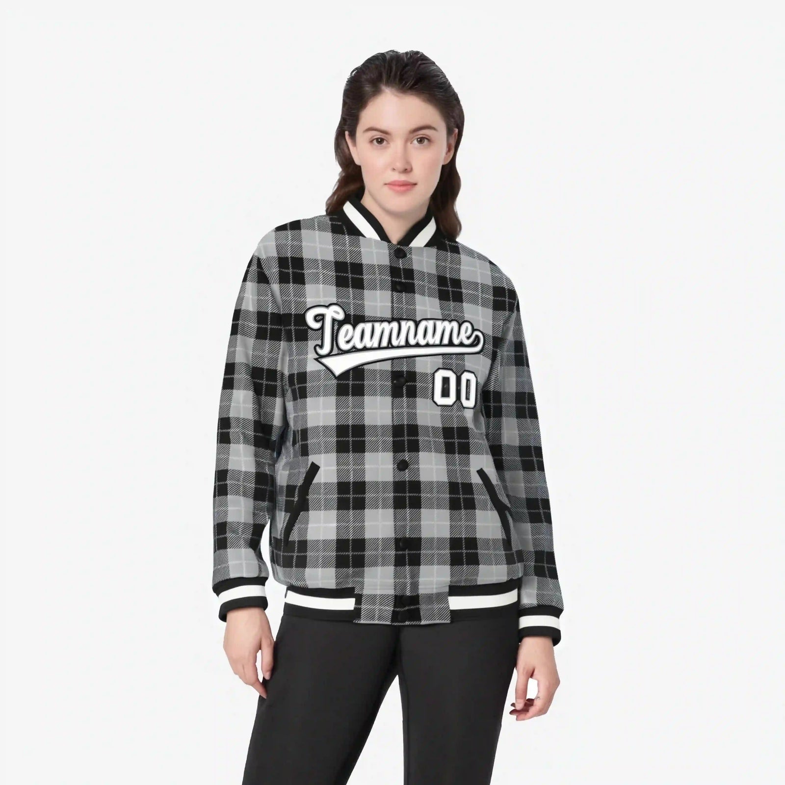 Custom Gray-Black Varsity Full-Snap Plaid Pattern Letterman Baseball Jacket