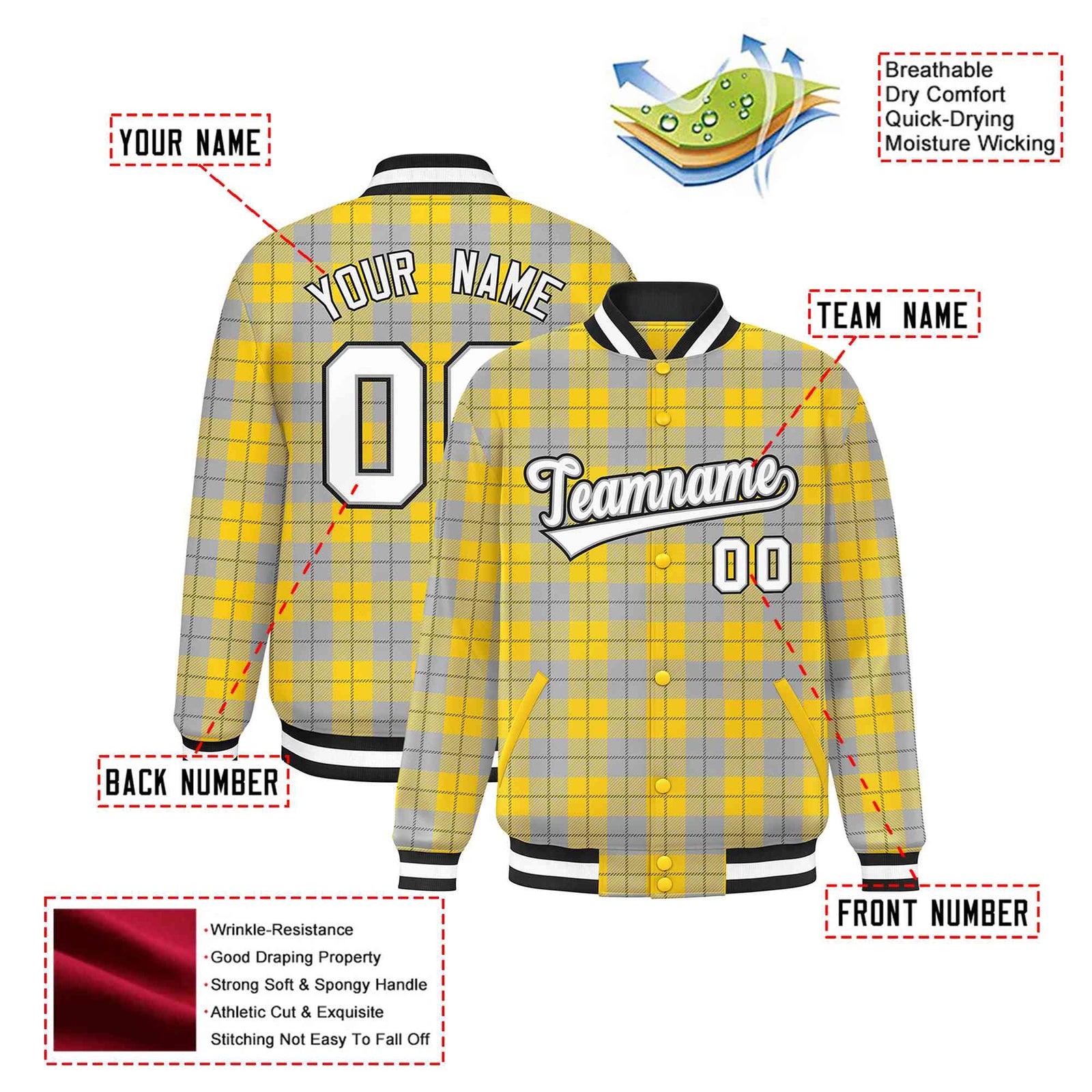 Custom Gold-Gray Varsity Full-Snap Plaid Pattern Letterman Baseball Jacket