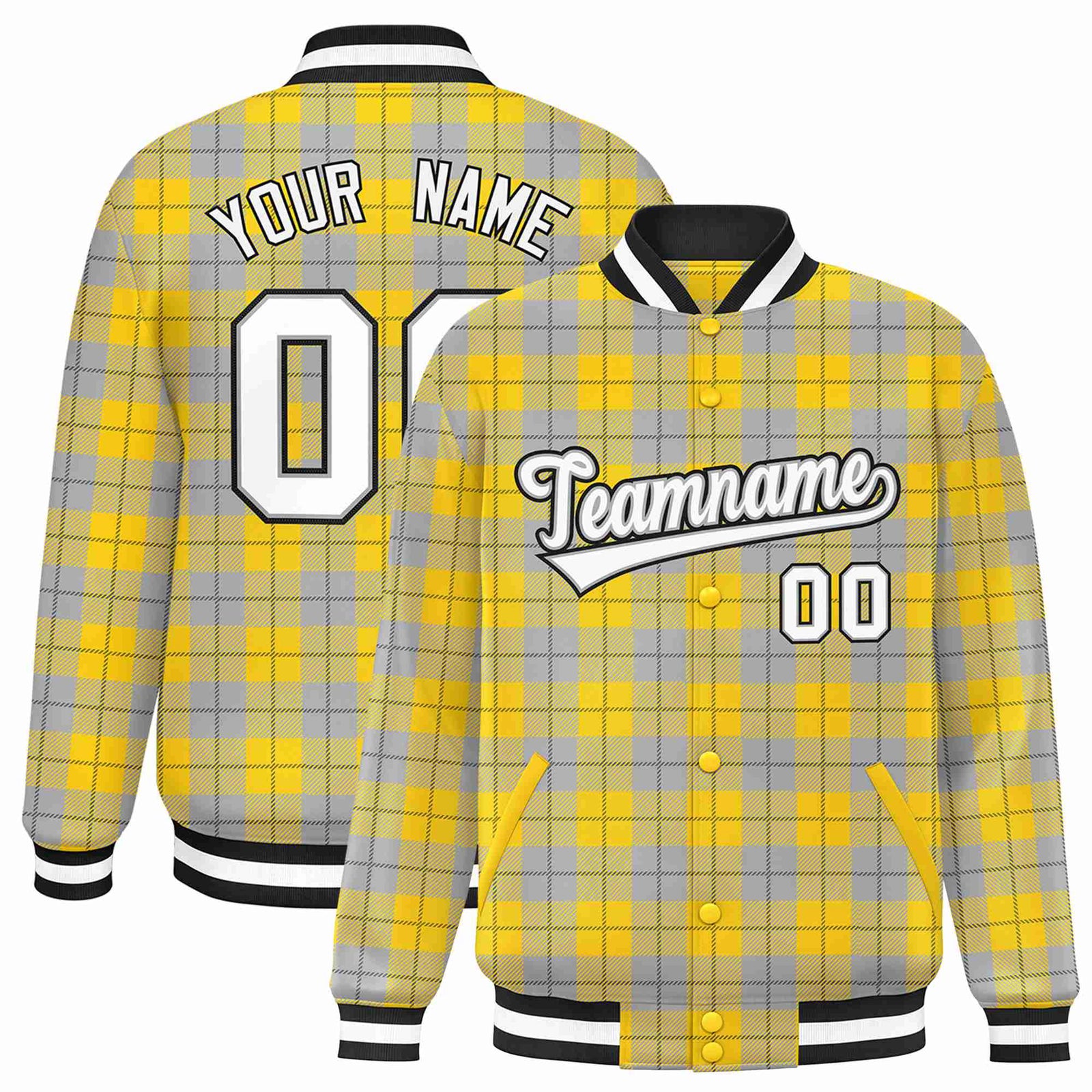 Custom Gold-Gray Varsity Full-Snap Plaid Pattern Letterman Baseball Jacket