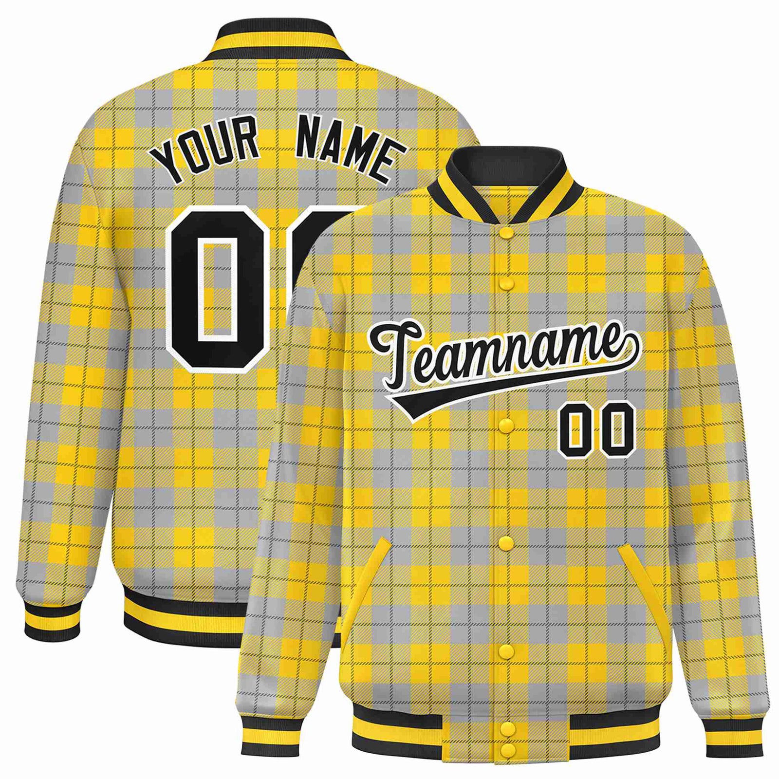 Custom Gold-Gray Varsity Full-Snap Plaid Pattern Letterman Baseball Jacket