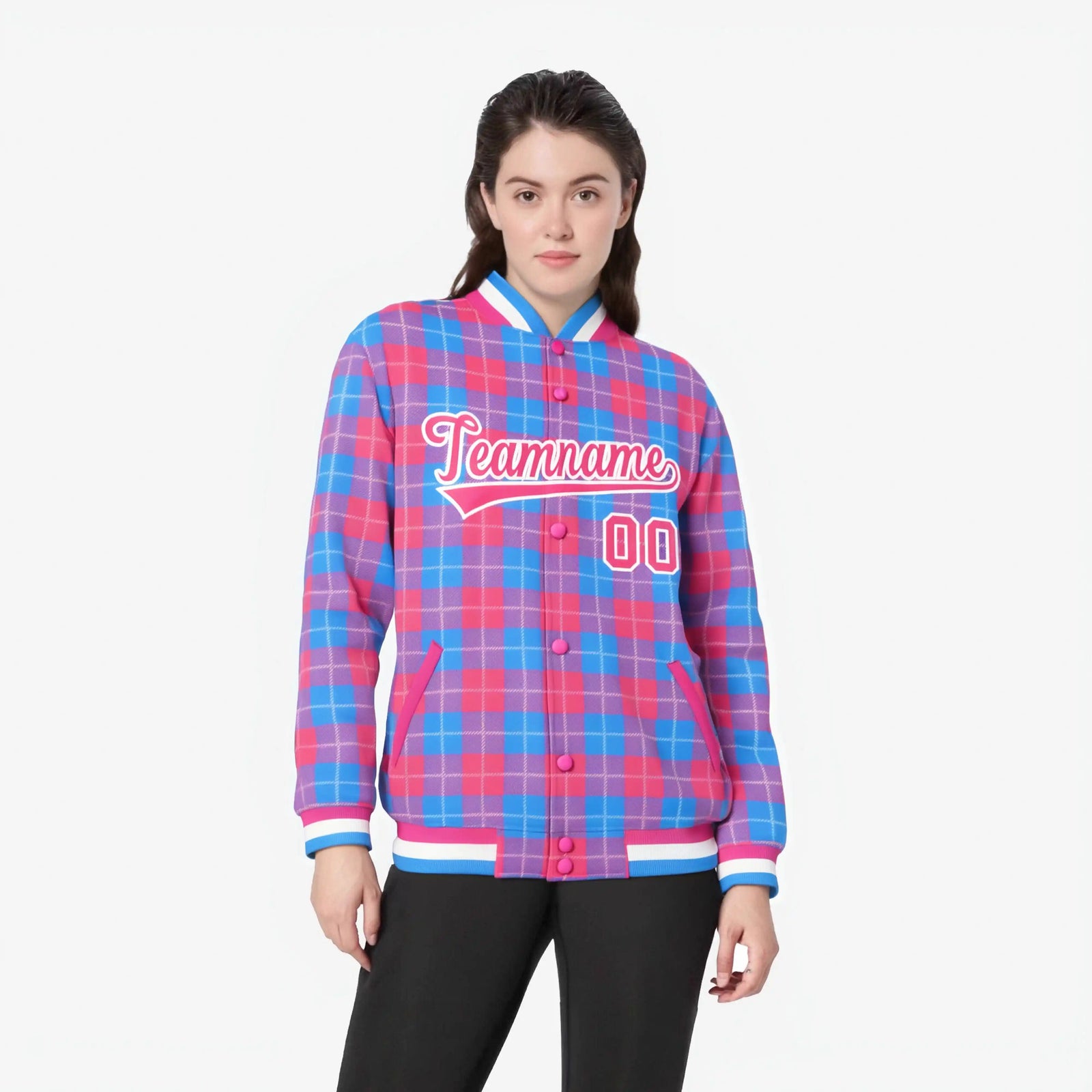 Custom Powder Blue-Pink Varsity Full-Snap Plaid Pattern Letterman Baseball Jacket
