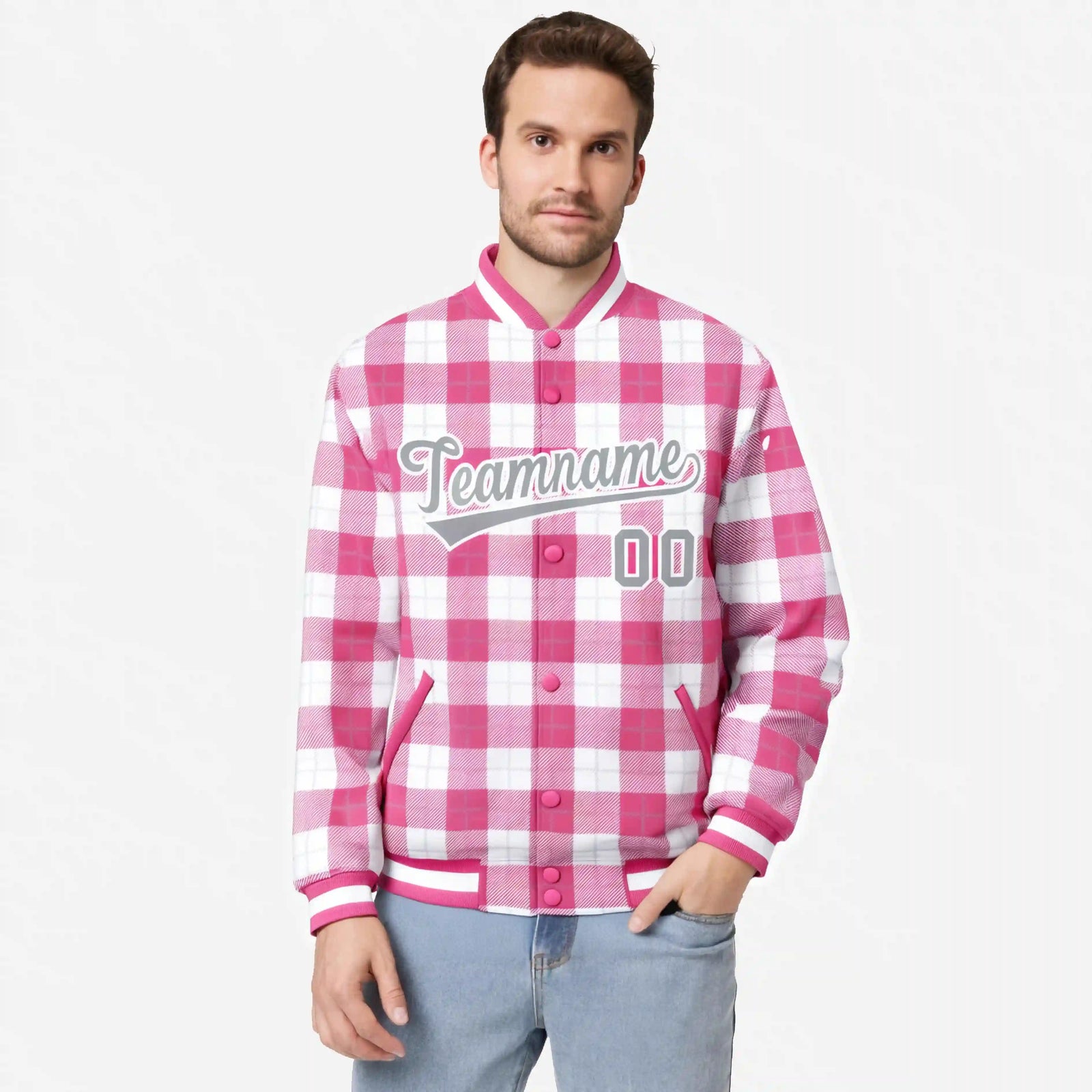 Custom Pink-White Varsity Full-Snap Plaid Pattern Letterman Baseball Jacket