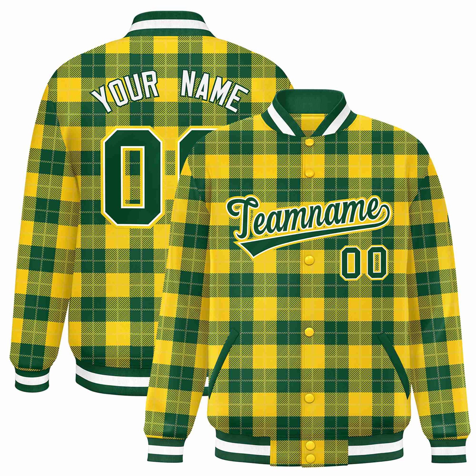 Custom Gold-Green Varsity Full-Snap Plaid Pattern Letterman Baseball Jacket
