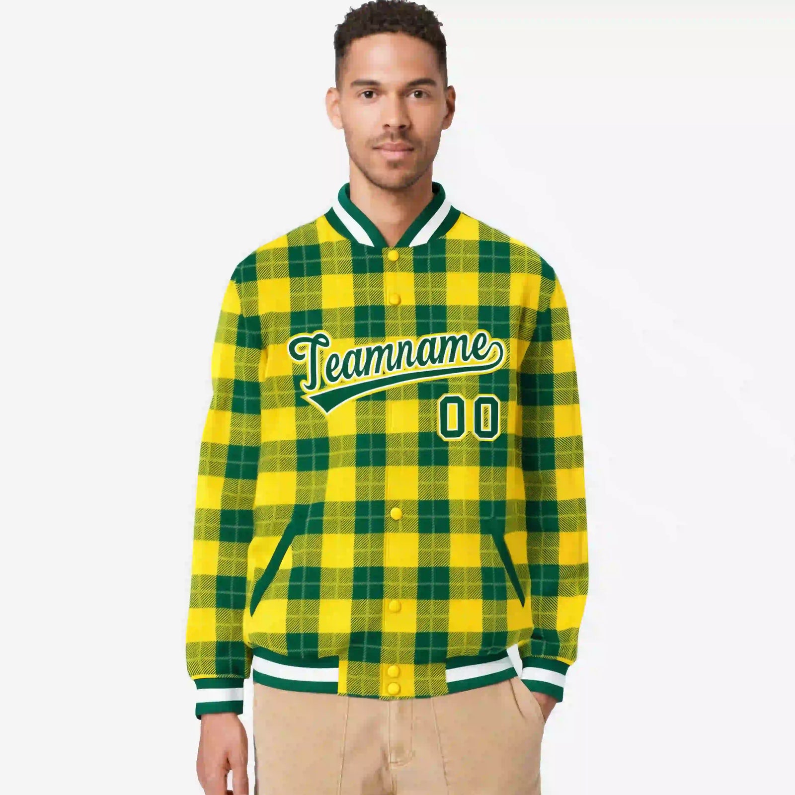 Custom Gold-Green Varsity Full-Snap Plaid Pattern Letterman Baseball Jacket