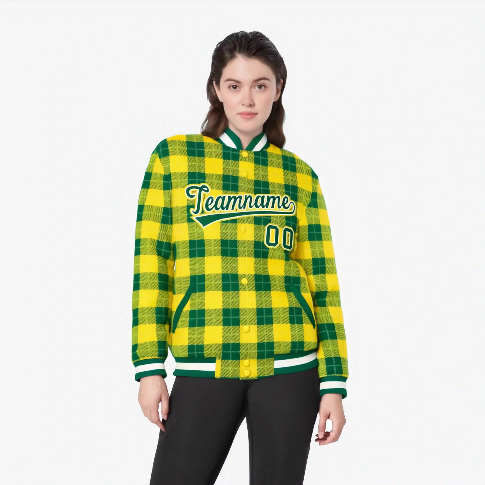 Custom Gold-Green Varsity Full-Snap Plaid Pattern Letterman Baseball Jacket