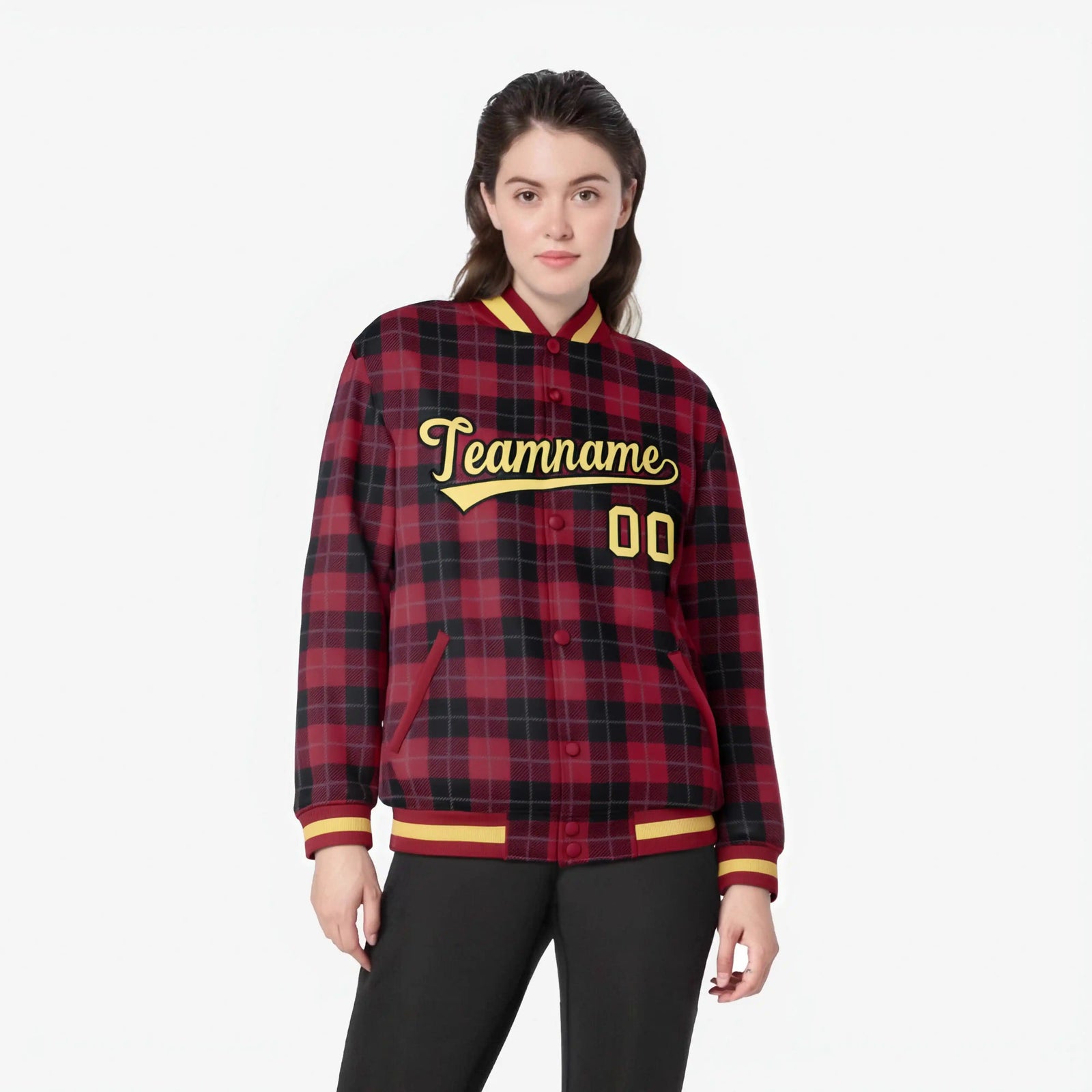 Custom Crimson-Black Varsity Full-Snap Plaid Pattern Letterman Baseball Jacket