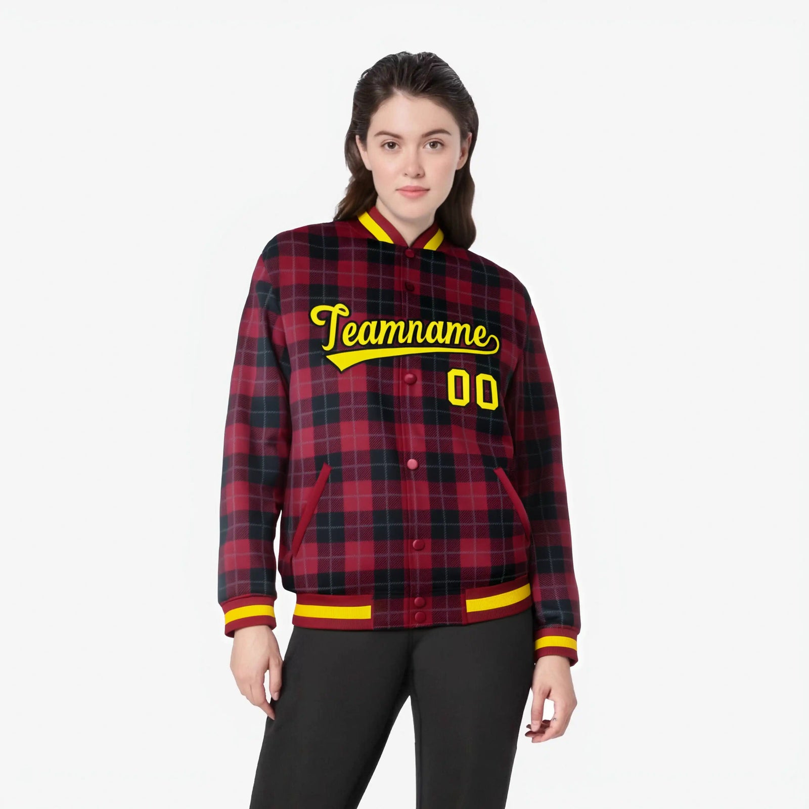 Custom Crimson-Black Varsity Full-Snap Plaid Pattern Letterman Baseball Jacket