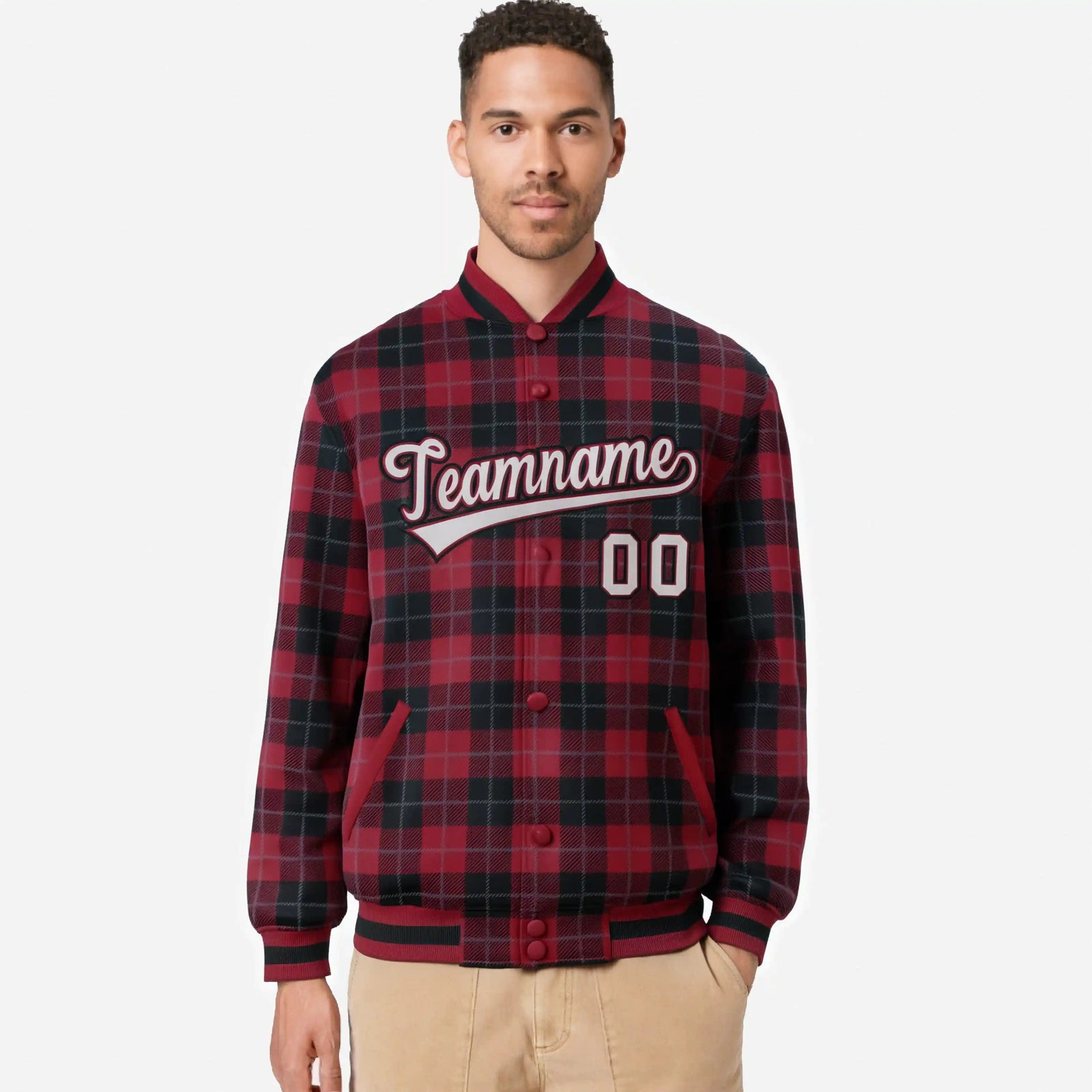 Custom Crimson-Black Varsity Full-Snap Plaid Pattern Letterman Baseball Jacket