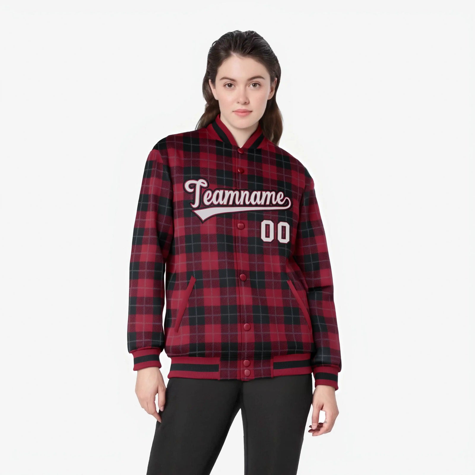 Custom Crimson-Black Varsity Full-Snap Plaid Pattern Letterman Baseball Jacket