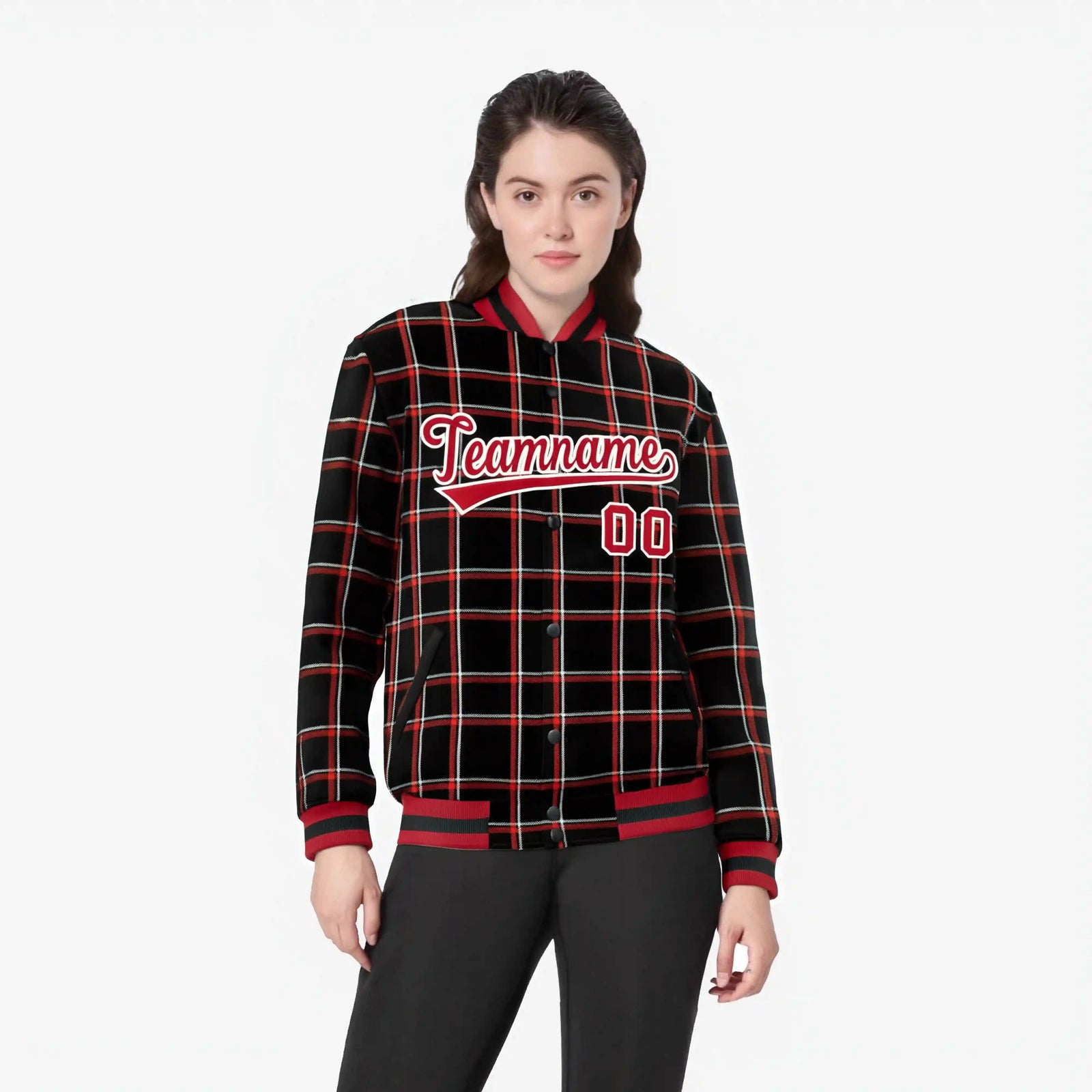 Custom Black-Red Varsity Full-Snap Plaid Pattern Letterman Baseball Jacket