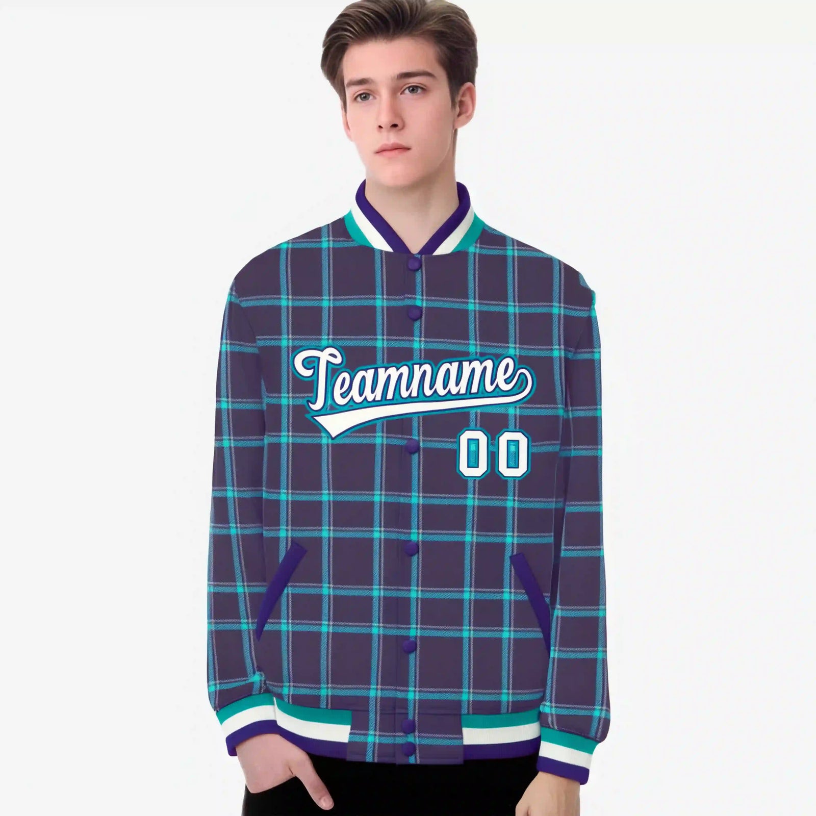 Custom Purple-Aqua Varsity Full-Snap Plaid Pattern Letterman Baseball Jacket