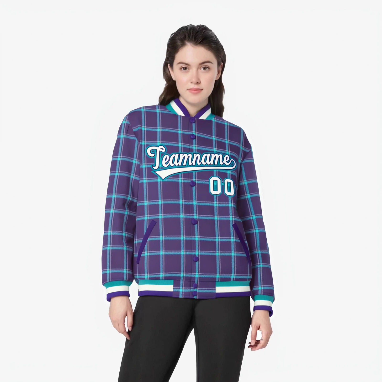 Custom Purple-Aqua Varsity Full-Snap Plaid Pattern Letterman Baseball Jacket