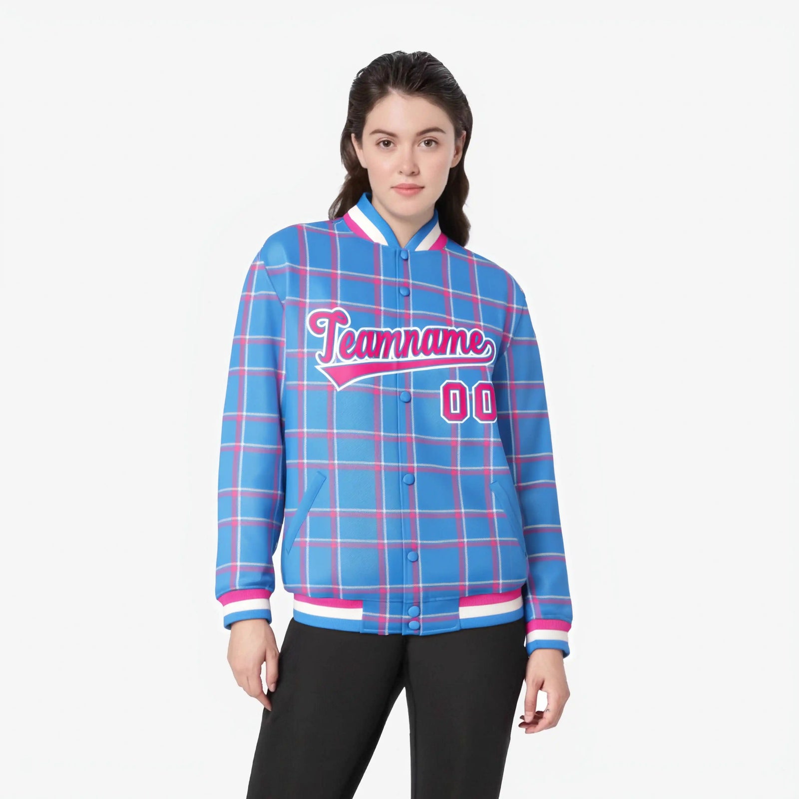 Custom Powder Blue-Pink Varsity Full-Snap Plaid Pattern Letterman Baseball Jacket