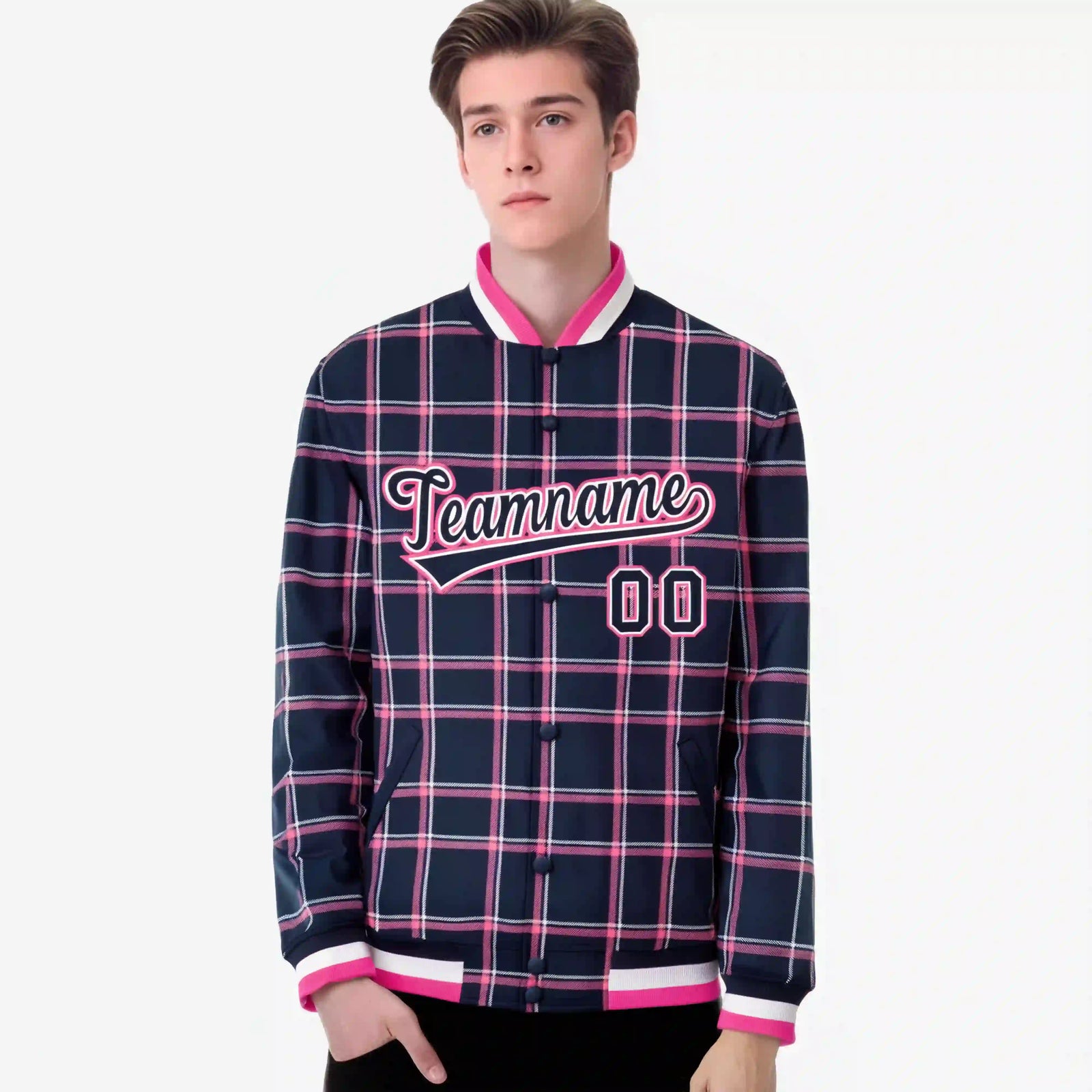Custom Navy-Pink Varsity Full-Snap Plaid Pattern Letterman Baseball Jacket