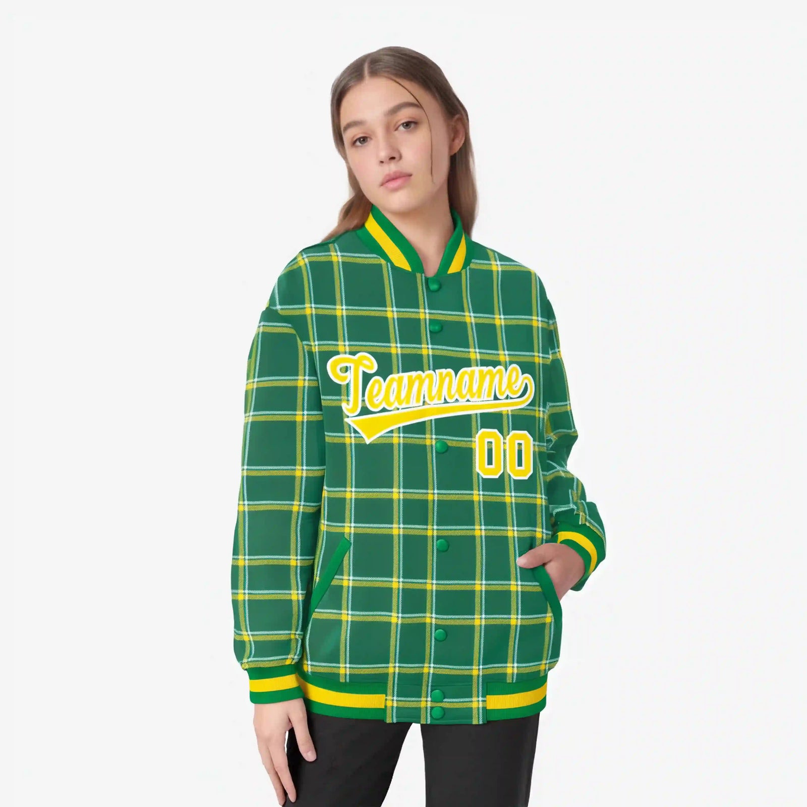 Custom Kelly Green-Gold Varsity Full-Snap Plaid Pattern Letterman Baseball Jacket