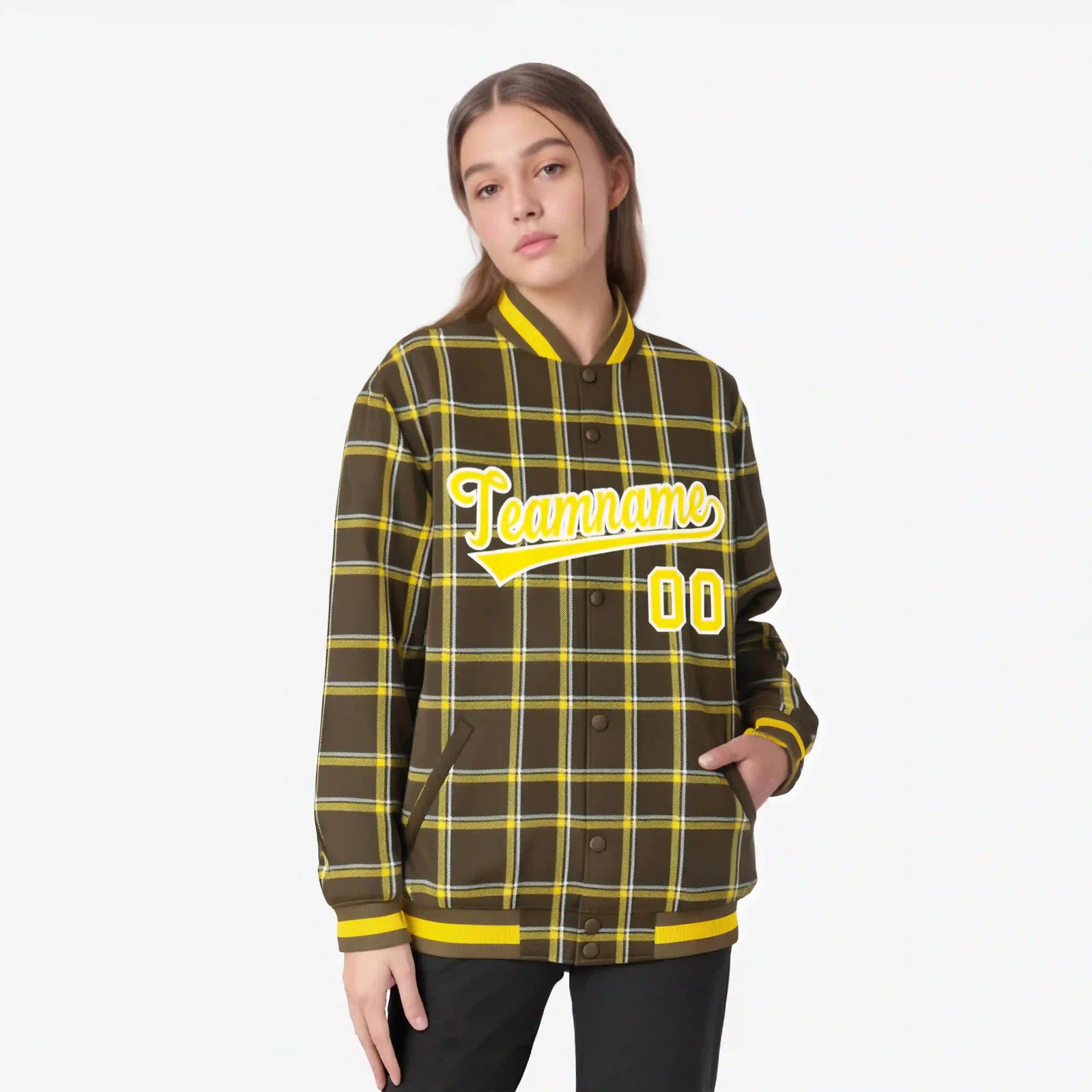 Custom Light Brown-Gold Varsity Full-Snap Plaid Pattern Letterman Baseball Jacket