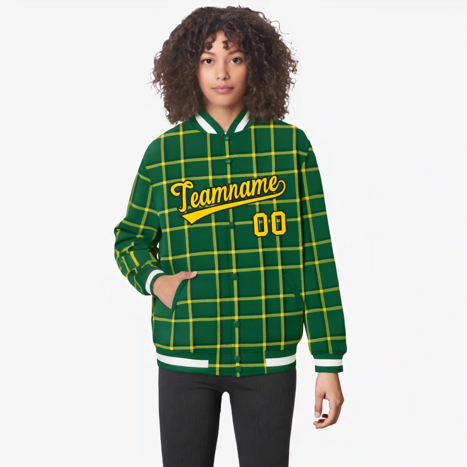 Custom Green-Gold Varsity Full-Snap Plaid Pattern Letterman Baseball Jacket