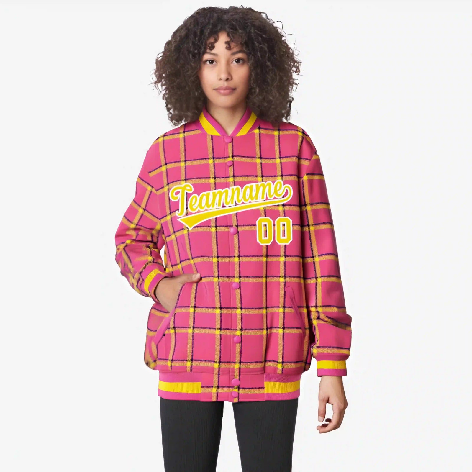 Custom Pink-Gold Varsity Full-Snap Plaid Pattern Letterman Baseball Jacket
