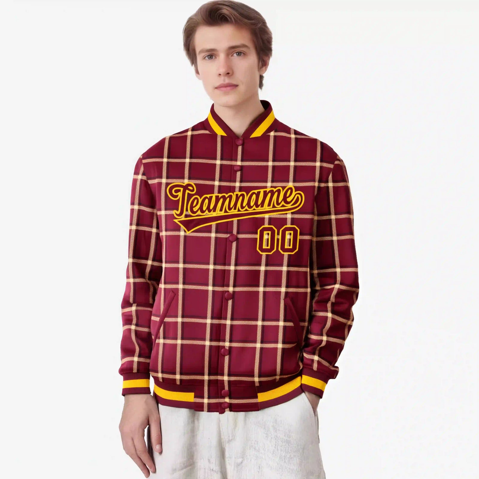 Custom Crimson-Gold Varsity Full-Snap Plaid Pattern Letterman Baseball Jacket