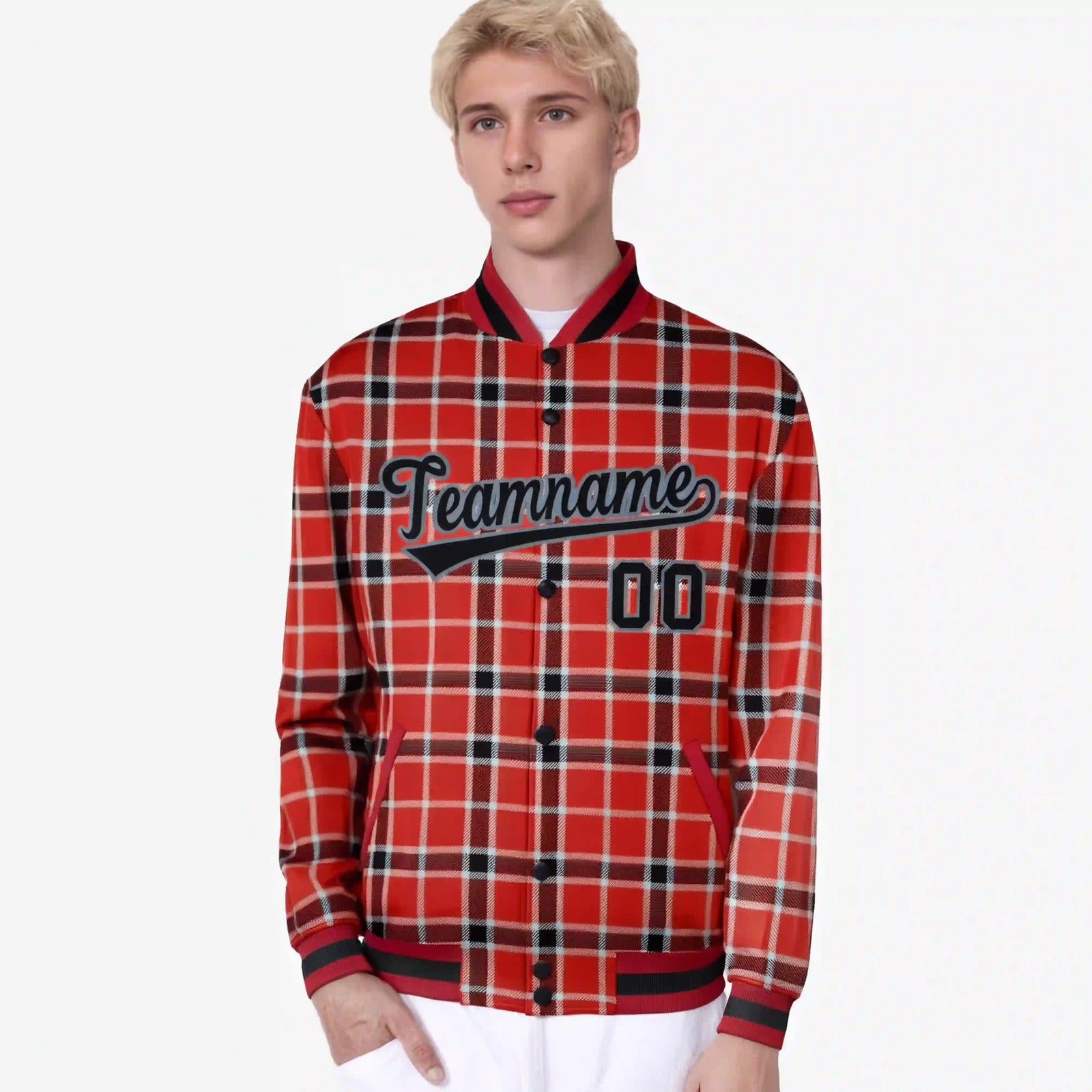 Custom Red-Crimson Varsity Full-Snap Plaid Pattern Letterman Baseball Jacket