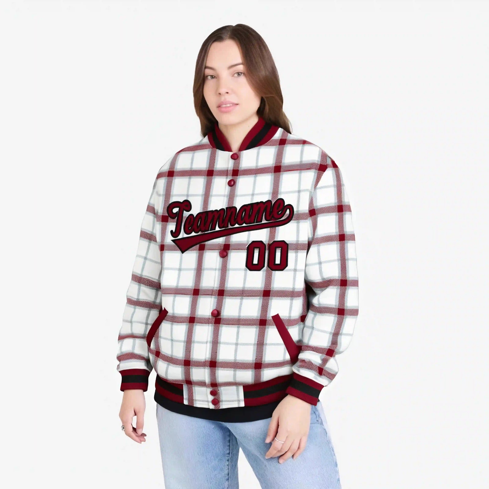 Custom White-Crimson Varsity Full-Snap Plaid Pattern Letterman Baseball Jacket