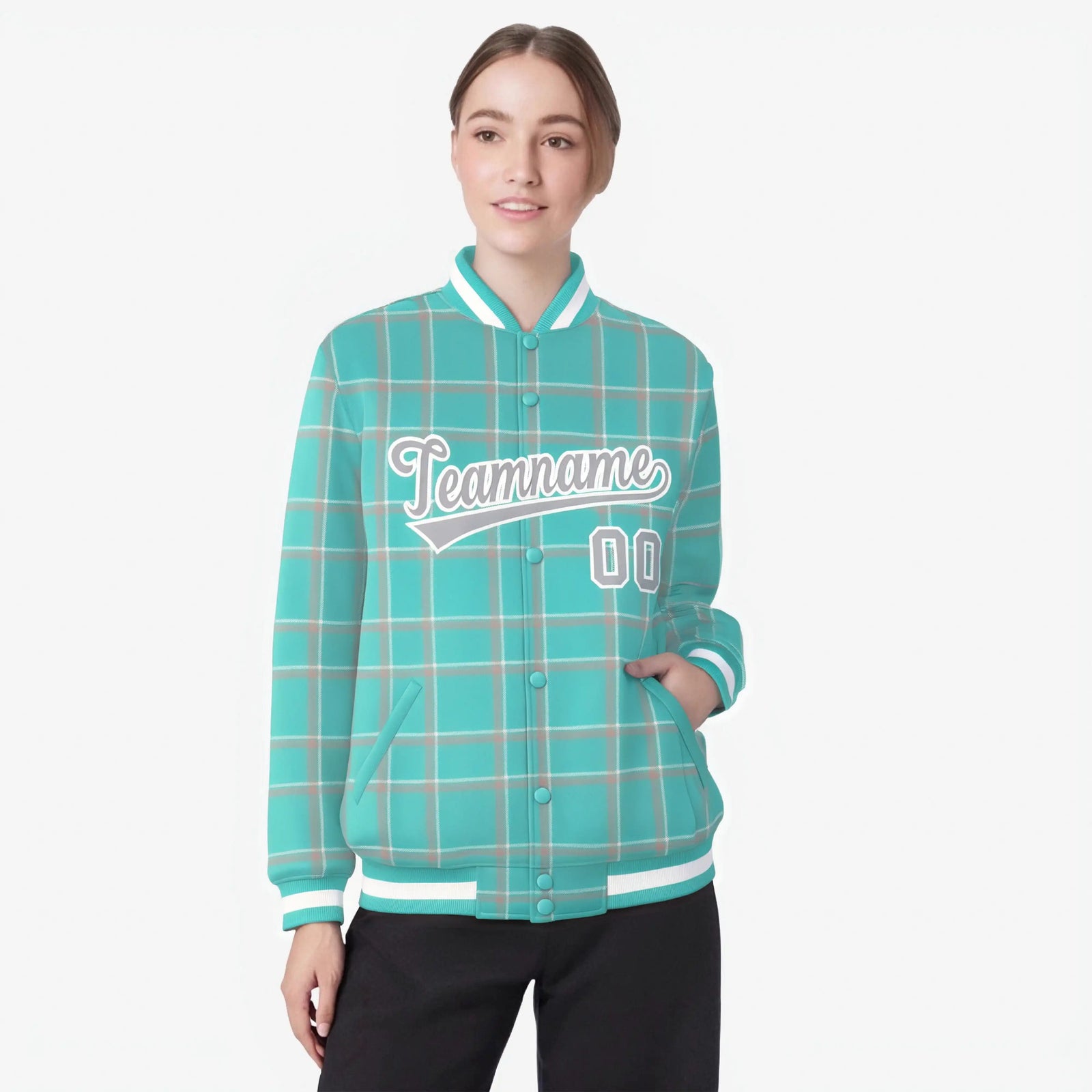 Custom Aqua-Gray Varsity Full-Snap Plaid Pattern Letterman Baseball Jacket