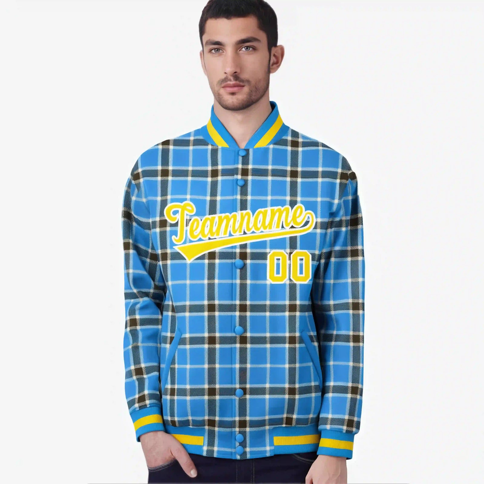 Custom Powder Blue-Dark Gray Varsity Full-Snap Plaid Pattern Letterman Baseball Jacket