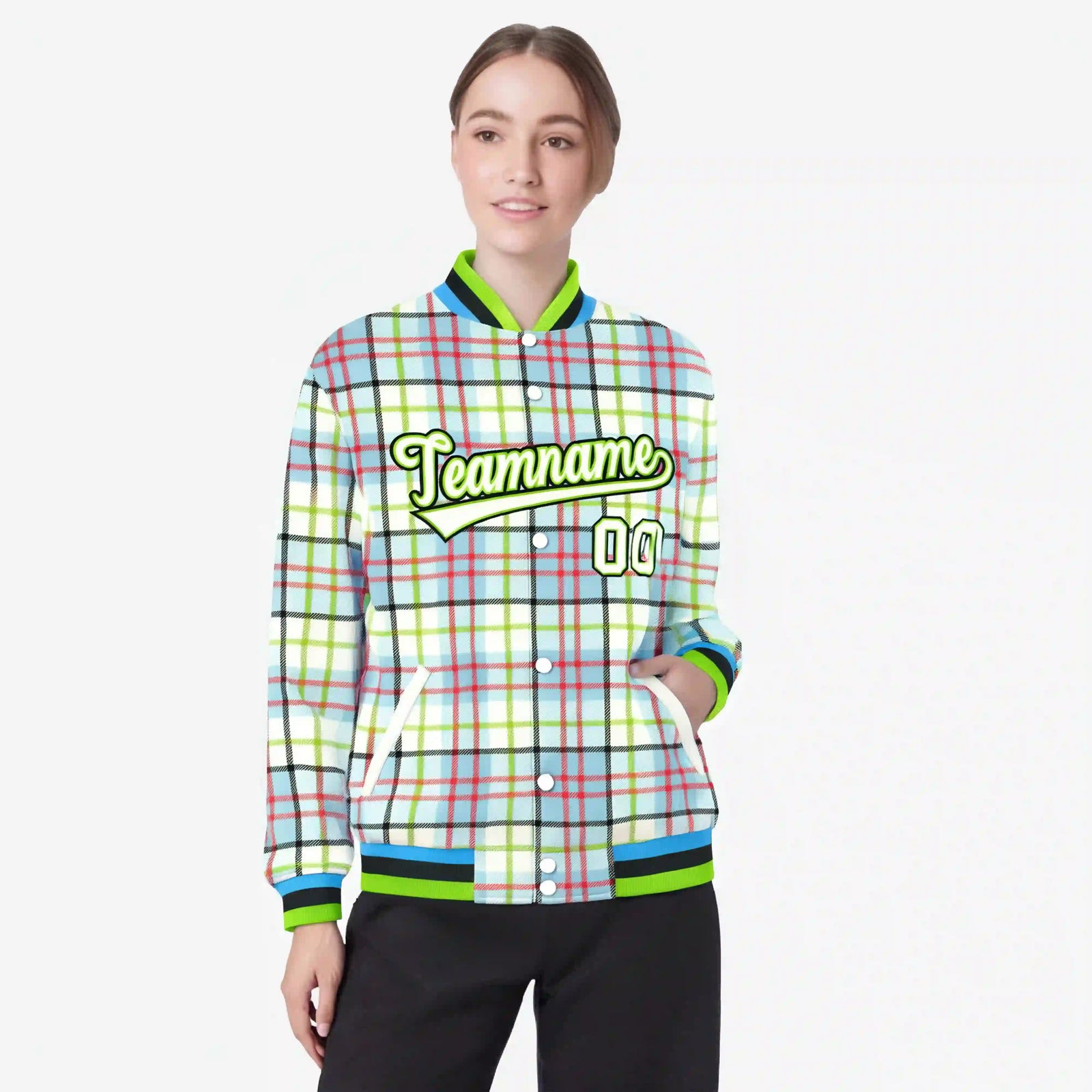 Custom Cream Neon Green-Red Varsity Full-Snap Plaid Pattern Letterman Baseball Jacket