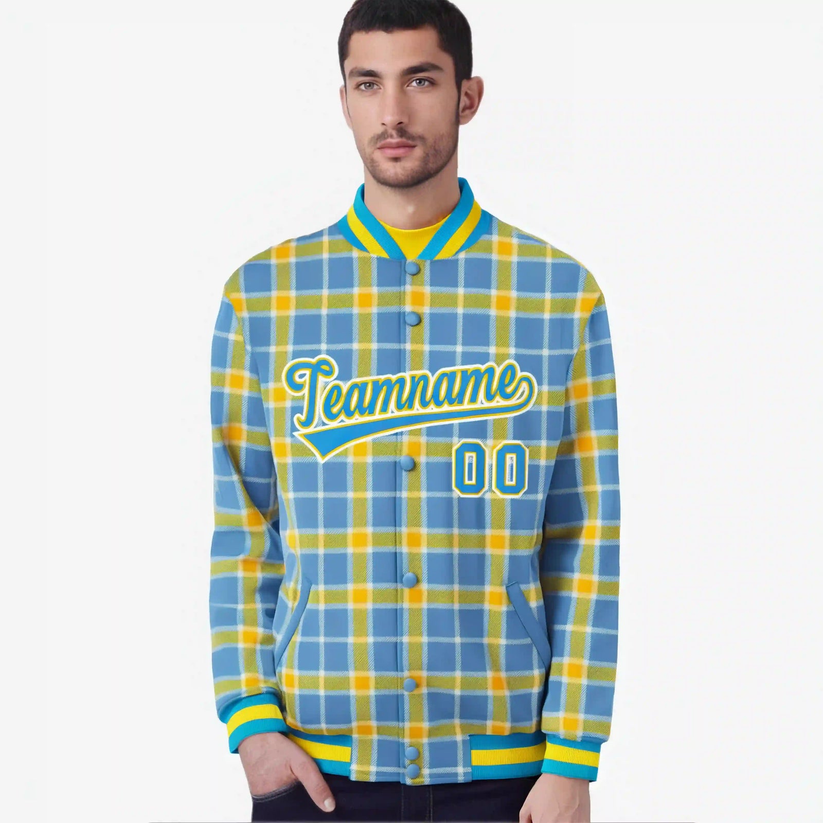 Custom Light Brown-Gold Varsity Full-Snap Plaid Pattern Letterman Baseball Jacket