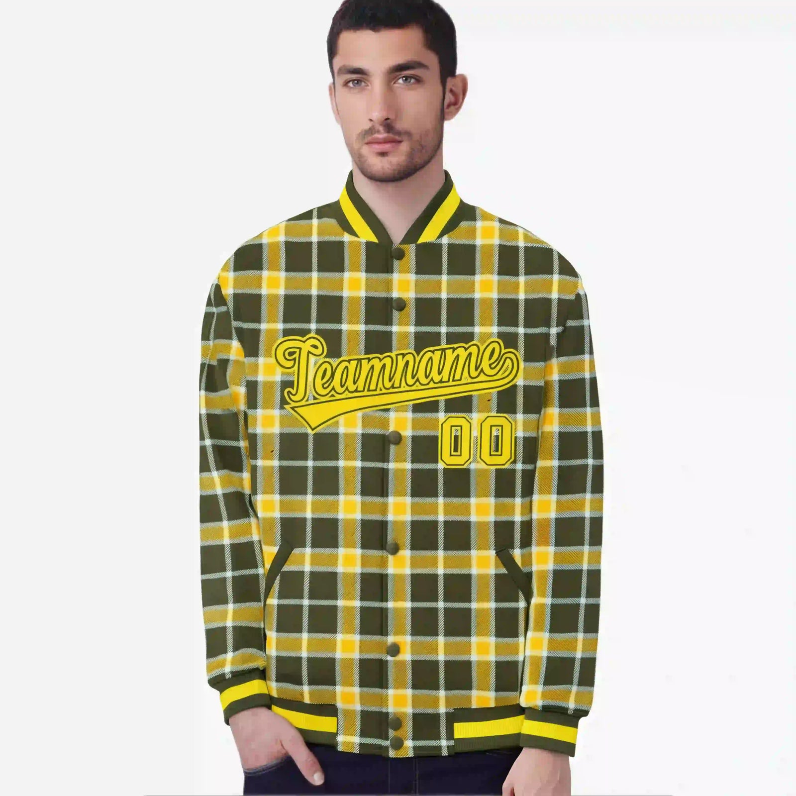 Custom Dark Gray-Gold Varsity Full-Snap Plaid Pattern Letterman Baseball Jacket