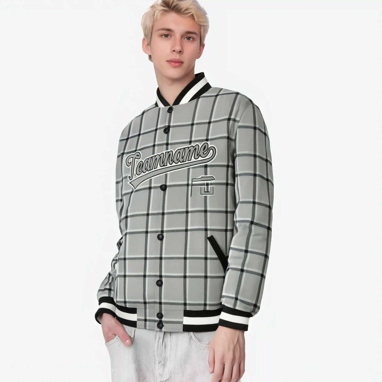 Custom Gray-Dark Gray Varsity Full-Snap Plaid Pattern Letterman Baseball Jacket