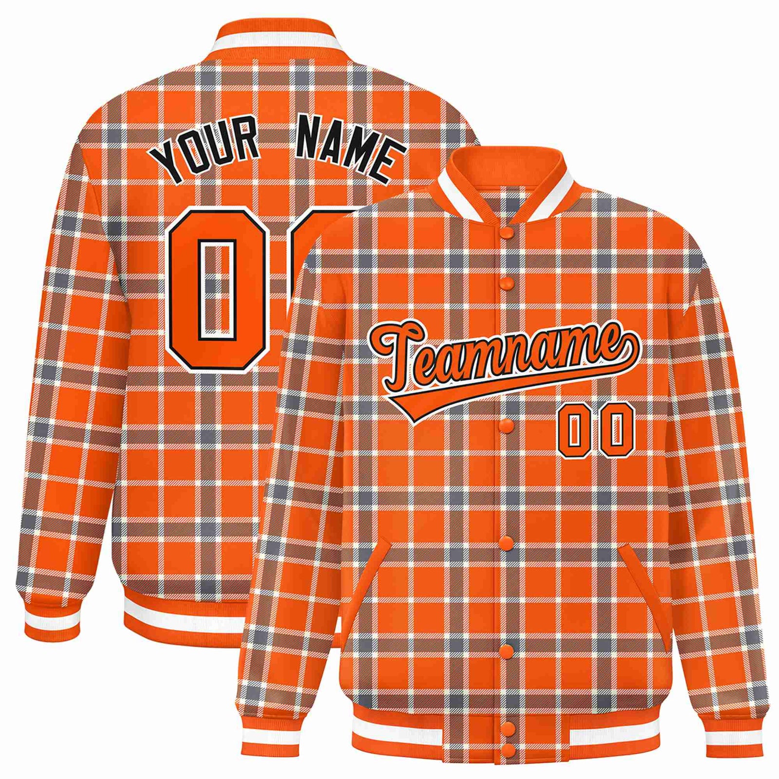 Custom Orange-Light Brown Varsity Full-Snap Plaid Pattern Letterman Baseball Jacket